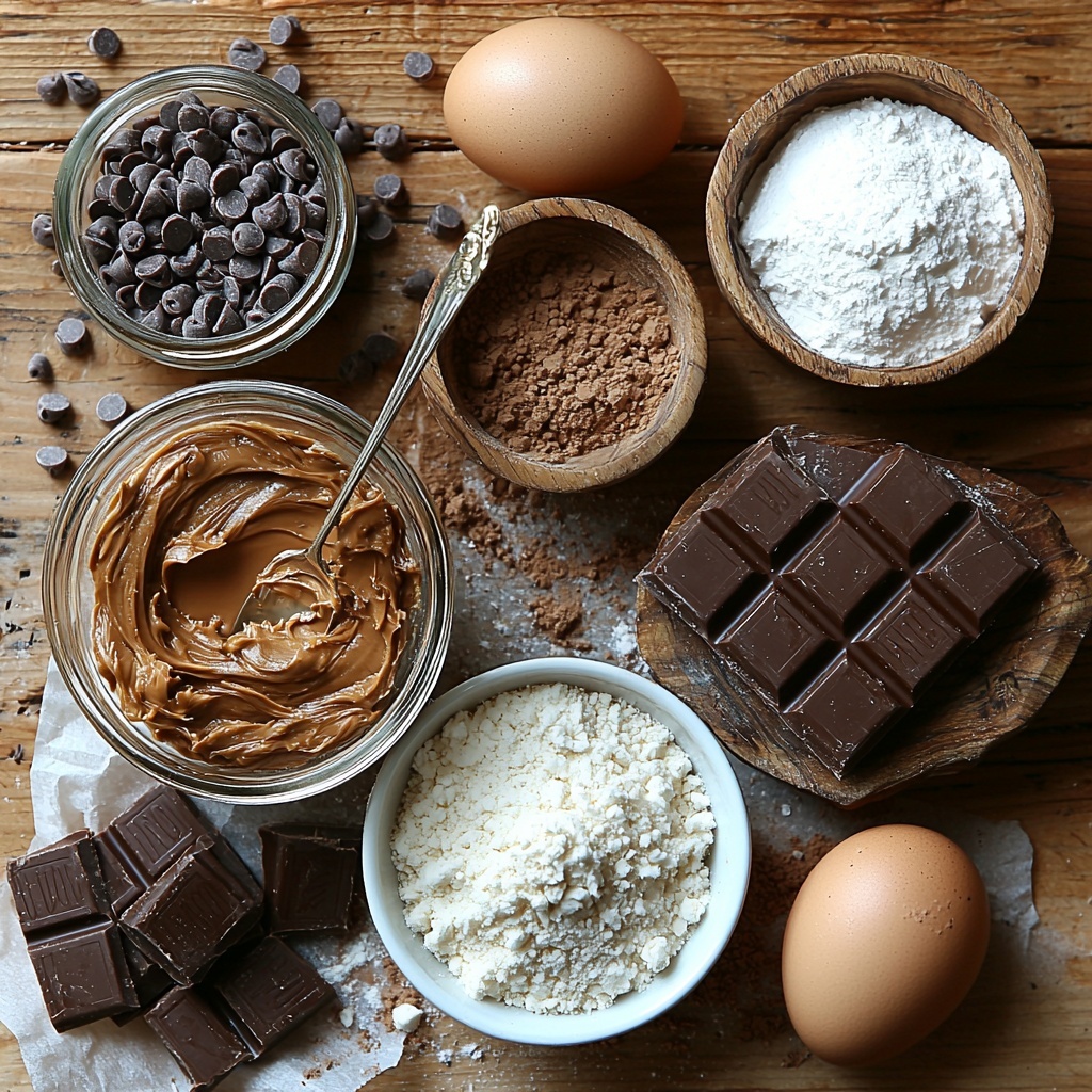 softened butter in a small glass bowl with smooth creamy texture, a jar of rich amber Lotus Biscoff Spread with a spoon resting inside, white granulated sugar in a crisp white ceramic bowl, light brown sugar in a rustic wooden bowl showing its soft, moist grains, one whole fresh egg with smooth shell placed near a small glass dish of golden vanilla extract, a small heap of fine all-purpose flour next to a mixture of baking soda and salt sprinkled lightly on parchment paper, a small pile of glossy semi-sweet chopped chocolate pieces and chocolate chips scattered artfully around, all ingredients thoughtfully spaced and balanced on a clean, neutral light wood surface, subtle natural lighting highlighting the warm tones and varied textures, minimal shadows, styled with a few scattered cookie crumbs and a linen napkin folded nearby for added cozy, inviting atmosphere, overhead shot, top down view, flat lay photography, professional food styling --ar 1:1 --q 2 --s 750 --v 6.1