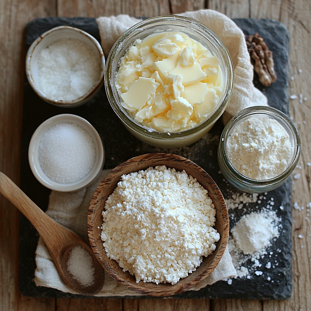 butter melted in a small glass bowl with a golden sheen, a dollop of creamy white softened cream cheese on a rustic wooden spoon, a small white ceramic bowl filled with sparkling white granulated sugar, a tiny glass jar with rich amber vanilla extract, a heap of fine off-white all-purpose flour on a natural linen cloth, a small ceramic dish holding pale white baking soda powder, a pinch of fine sea salt crystals scattered subtly on a dark slate surface; all ingredients thoughtfully spaced in a balanced circular arrangement on a clean light wood background, soft natural daylight casting gentle shadows, textures from smooth butter to powdery flour clearly visible, warm and inviting color palette emphasizing cream, white, gold and natural earth tones, minimal props including a wooden spoon and linen cloth for rustic charm, overhead shot, top down view, flat lay photography, professional food styling --ar 1:1 --q 2 --s 750 --v 6.1