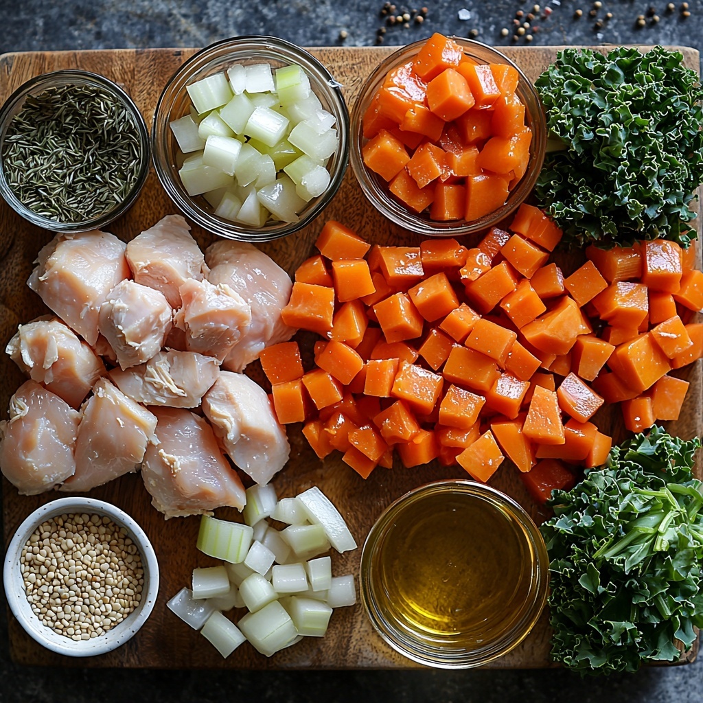 A clean, bright surface arranged with the main ingredients for nourishing chicken quinoa soup: a small glass bowl of golden olive oil, four large peeled garlic cloves finely minced and spread neatly, a pile of diced pale yellow onion cubes, a small wooden spoon holding dried green thyme leaves, two large bright orange carrots chopped into rustic chunks, two large celery stalks cut into crisp light green pieces, two raw chicken breasts with smooth pale pink skin placed on a white ceramic plate, a shiny can of diced red tomatoes with juices visible alongside a small dollop of rich, deep red tomato paste on a vintage silver spoon, a small glass bowl with uncooked ivory quinoa grains, a clear measuring cup of golden chicken broth, a loose pile of torn dark green kale leaves with curly texture, a tiny bowl of coarse salt and freshly cracked black peppercorns for seasoning. The ingredients are thoughtfully spaced out with natural light emphasizing vibrant colors and fresh textures, styled with minimal rustic props like a linen napkin and wooden cutting board edges peeking in. The composition balances warm and cool tones with inviting contrasts, overhead shot, top down view, flat lay photography, professional food styling --ar 1:1 --q 2 --s 750 --v 6.1