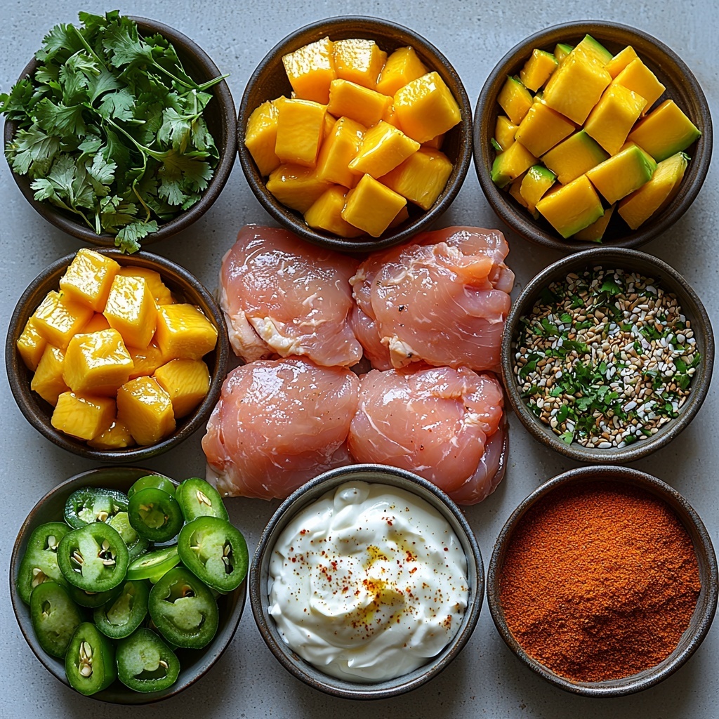 Peruvian chicken ingredients flat lay on a bright clean white surface, featuring raw chicken thighs and breasts arranged neatly, small bowls with olive oil and melted butter glistening, whole garlic cloves and peeled garlic separated in rustic clusters, chopped jalapeños and whole seeded jalapeños vivid green with seeds visible, piles of ground cumin and smoked paprika in small ceramic bowls displaying warm earth tones, salt and pepper sprinkled gently nearby, fresh chopped cilantro and parsley leaves scattered artfully, vibrant chopped mango cubes in a small dish showing rich yellow-orange hues, creamy avocado chunks with bright green flesh and brown pits beside them, two small bowls with smooth mayo and plain Greek yogurt showing contrasting white textures, fresh whole cilantro and parsley sprigs placed for garnish, lime wedges and a small dish of toasted sesame oil adding a golden sheen. The ingredients carefully spaced to highlight their natural colors and textures — glossy, fresh, and inviting — styled with soft natural lighting casting gentle shadows, clean and minimalistic background emphasizing freshness and simplicity. Overhead shot, top down view, flat lay photography, professional food styling --ar 1:1 --q 2 --s 750 --v 6.1