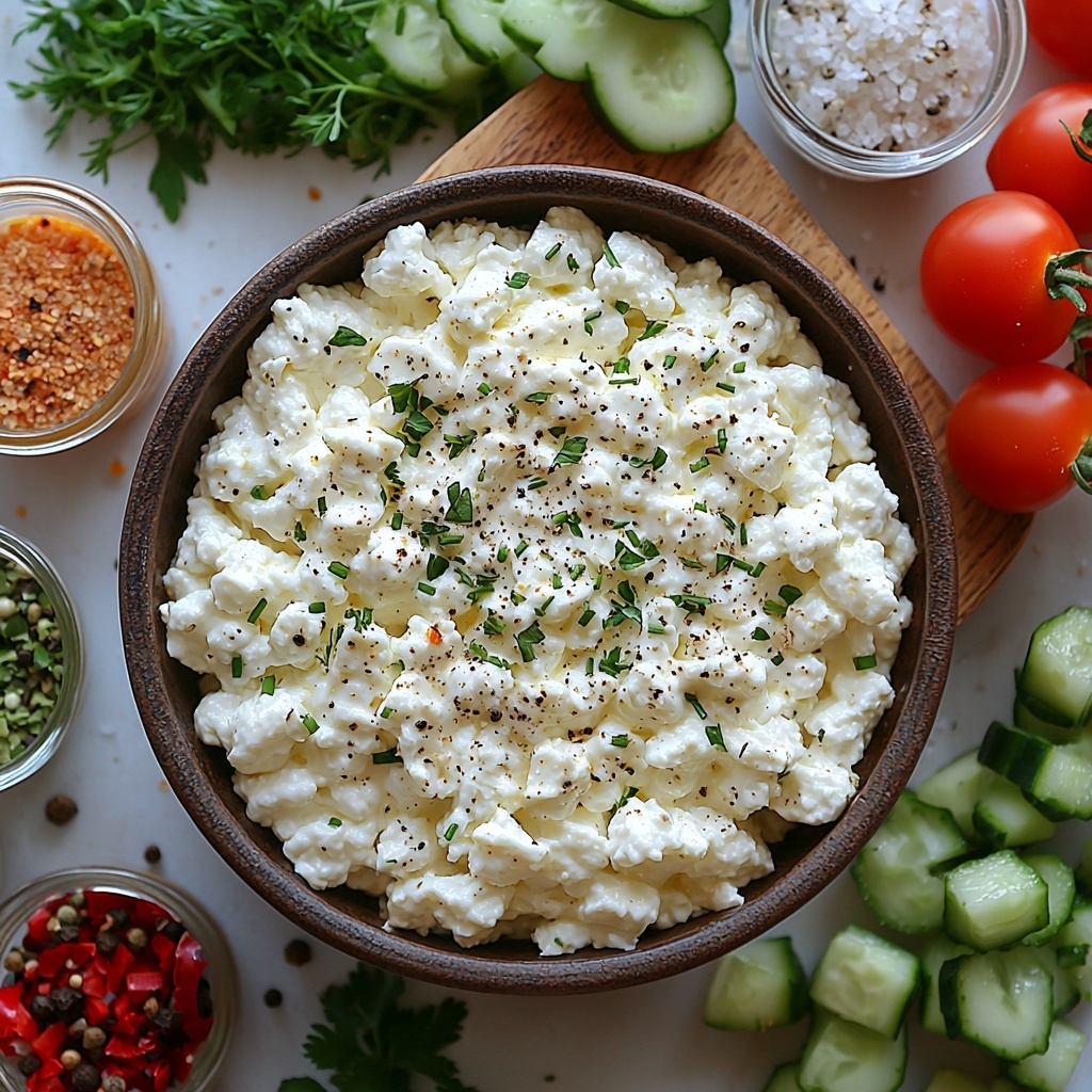 Hüttenkäse (cottage cheese) in a small rustic ceramic bowl showing its creamy, lumpy texture; a clear glass measuring cup filled with amber-colored non-alcoholic beer; fresh vibrant green herbs—chives, parsley, and dill—neatly bundled with some leaves scattered around for natural effect; small glass bowls of coarse salt and cracked black pepper, highlighting their granular textures; tiny rustic spoons holding pale beige garlic powder and onion powder; a wooden board displaying an assortment of colorful diced vegetables including bright red bell peppers, green cucumbers, and juicy cherry tomatoes with glossy skin; all ingredients thoughtfully spaced on a clean, matte white surface to enhance their colors and textures, natural soft daylight illuminating the scene with gentle shadows, minimalistic and airy styling, a few sprigs of herbs artistically placed to add freshness, overhead shot, top down view, flat lay photography, professional food styling --ar 1:1 --q 2 --s 750 --v 6.1
