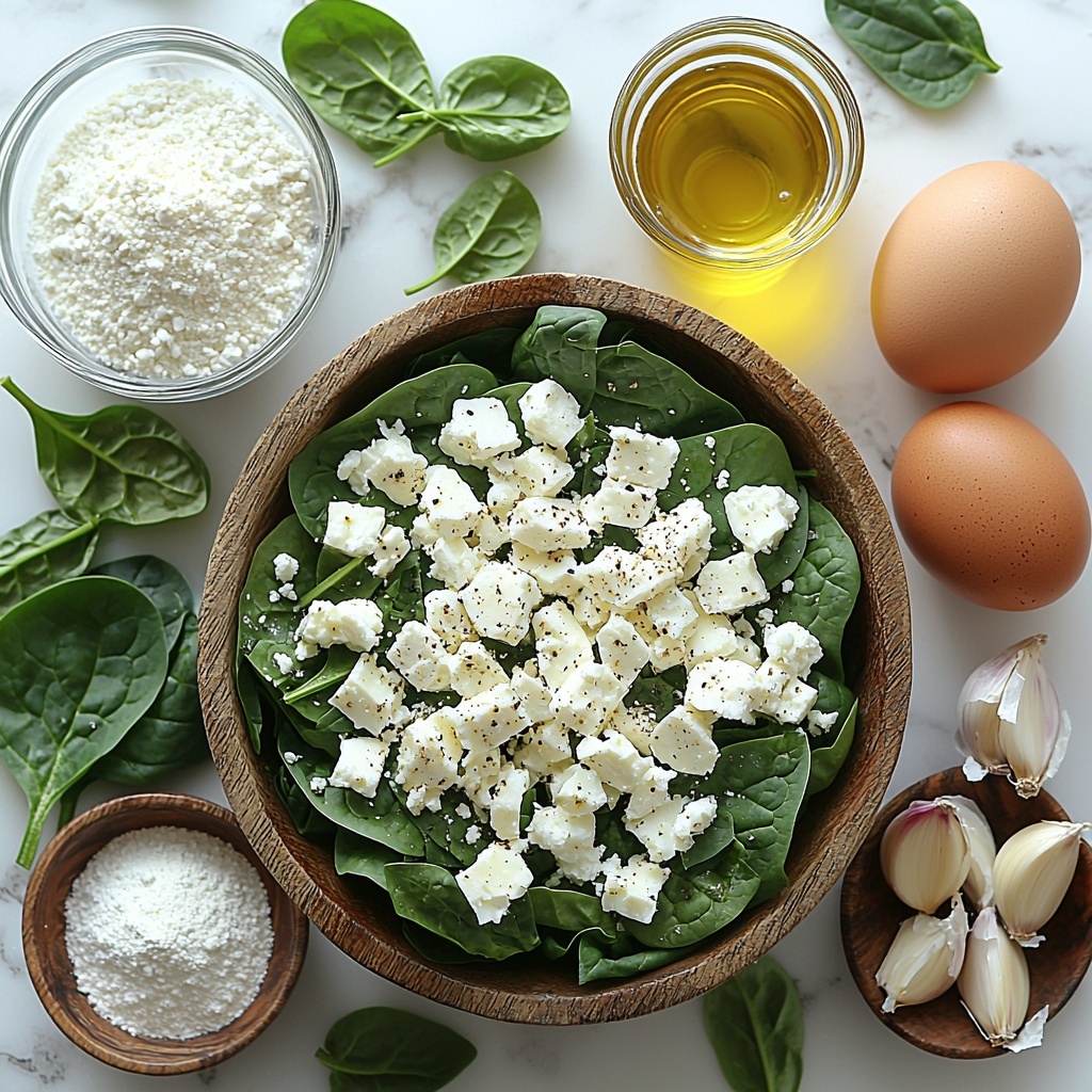 Fresh spinach leaves and chopped spinach piled loosely in a small rustic bowl, crumbled white feta cheese scattered artistically, a small glass bowl with finely chopped translucent onion, garlic cloves whole and minced bits displayed on a wooden spoon, two large brown eggs placed side by side, a clear glass measuring cup filled with creamy milk, a small clear bowl of golden olive oil catching the light, a neat mound of fine white all-purpose flour with a teaspoon measuring spoon resting on top, a small heap of white baking powder powder next to a tiny dish of salt and ground black pepper, dried green oregano or dill sprigs artfully placed, optional grated mozzarella or Parmesan cheese in a small bowl, all arranged on a clean white marble countertop with soft natural lighting highlighting the textures and colors, subtle shadows adding depth, minimal props focusing on the freshness and variety of ingredients, overhead shot, top down view, flat lay photography, professional food styling --ar 1:1 --q 2 --s 750 --v 6.1