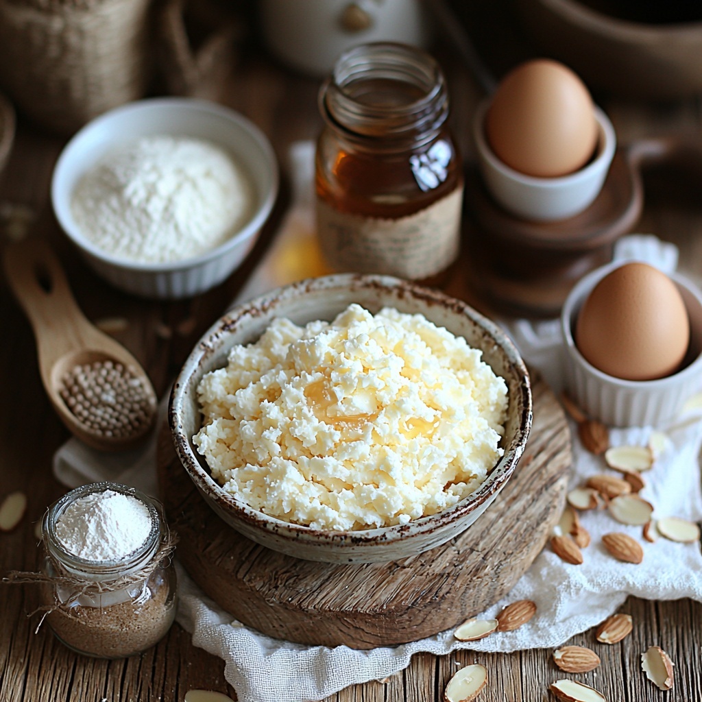 7 tablespoons creamy unsalted butter in a small vintage dish, 1/2 cup white granulated sugar in a clear glass bowl, 2 tablespoons golden light syrup in a delicate small jar, next to 1 cup all-purpose flour carefully mounded on a parchment paper, a tiny heap of fine white baking soda powder nearby, a small glass container of amber vanilla extract, a smooth ball of pale beige almond paste on a wooden board with a small grater, one cracked raw egg in a white ceramic ramekin, and a small bowl overflowing with toasted slivered almond slices scattered slightly around. All items neatly arranged on a clean light wood surface with soft natural daylight, subtle shadows adding depth, minimalistic style with neutral tones and rustic textures, delicate linen napkin casually draped on one side, overhead shot, top down view, flat lay photography, professional food styling --ar 1:1 --q 2 --s 750 --v 6.1