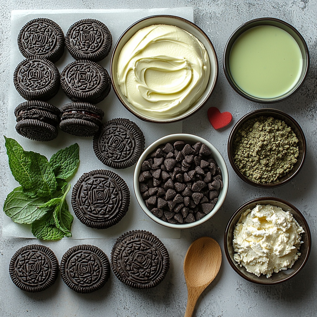 A clean, bright surface with all main ingredients for Grinch Oreo Balls neatly arranged in a visually appealing flat lay: a sealed 14-ounce package of Oreo cookies showing the iconic black-and-white cookies, a small bowl filled with finely crushed dark Oreo crumbs, a smooth block of cream cheese at room temperature on a white ceramic dish, a bowl of vibrant light green candy melts with a glossy, melted texture beside a microwave-safe glass bowl, and a small dish of tiny, bright red heart-shaped sprinkles providing a pop of color. Surrounding elements include a wooden spoon, a hand mixer whisk, and parchment paper sheets layered subtly in the background for texture. The arrangement balances dark, creamy whites, fresh pastel greens, and vivid red accents against a crisp, neutral backdrop, with soft natural light casting gentle shadows enhancing textures and colors. Overhead shot, top down view, flat lay photography, professional food styling --ar 1:1 --q 2 --s 750 --v 6.1