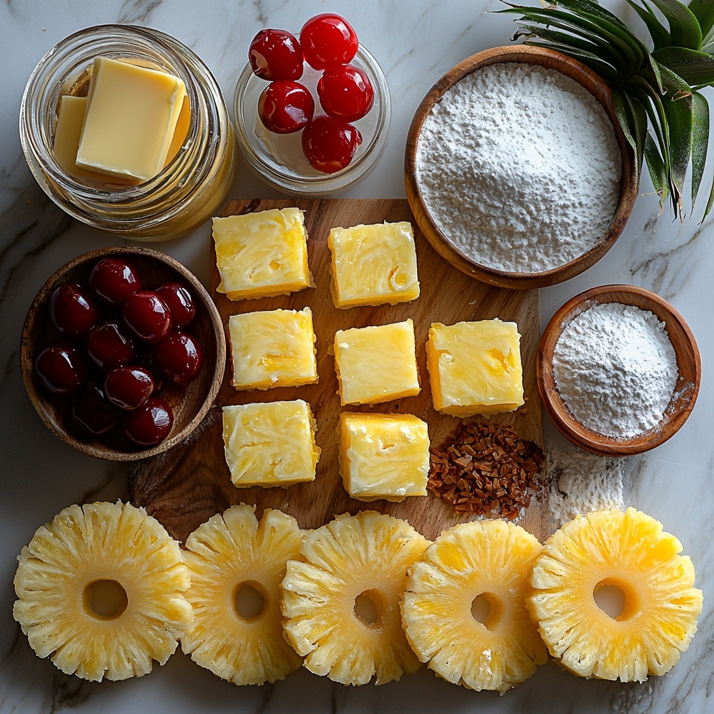 Pineapple Upside Down Sugar Cookies ingredients arranged neatly on a clean white marble surface: soft, creamy pale yellow butter cubes at room temperature and a small bowl of golden melted butter; a glass jar of white granulated sugar beside a small mound of packed light brown sugar with caramel tones and grainy texture; two large brown eggs with smooth shells; a small white bowl of glossy sour cream; a clear glass bottle of vanilla extract with a wooden cork; a heap of fine, powdery all-purpose flour; small piles of white baking powder, fine white cornstarch, and white sea salt crystals; thirteen bright yellow canned pineapple slices with juicy, translucent texture arranged fan-like and thirteen glossy red maraschino cherries placed neatly on top of some pineapple slices; rustic wooden mixing bowl and a small whisk nearby for context; soft natural light casting gentle shadows highlighting the textures; minimalistic styling with subtle green leaves for freshness; all elements spaced evenly and artistically to balance colors and shapes, showcasing browns, yellows, whites, and red accents, emphasizing a warm, inviting feel. Overhead shot, top down view, flat lay photography, professional food styling --ar 1:1 --q 2 --s 750 --v 6.1