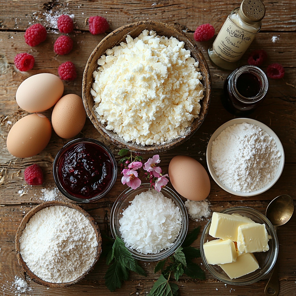a clean, light wooden surface with ingredients for a snowball cake neatly arranged in a balanced flat lay; a small mound of all-purpose flour in a rustic ceramic bowl, adjacent to a small heap of fine granulated sugar in a glass bowl, with a few whole large eggs placed carefully nearby; a stick of unsalted butter softened and slightly creamy, cut partially into cubes on a white butter dish; a small glass bowl of warm, glossy raspberry preserves with a rich deep red color, alongside a cup of whole milk in a clear glass measuring cup showing its smooth texture; a neat pile of sweetened shredded coconut with fluffy, snow-like texture, and a small sifter filled with fine powdered sugar; vanilla extract bottle with amber liquid visible, a small heap of baking powder and salt in tiny white dishes, arranged symmetrically; all ingredients spaced evenly on the surface with soft natural light highlighting the varied textures and vibrant colors, subtle shadows for depth, minimal props to keep focus on ingredients, styled with fresh raspberries and a vintage silver teaspoon for accent details; overhead shot, top down view, flat lay photography, professional food styling --ar 1:1 --q 2 --s 750 --v 6.1