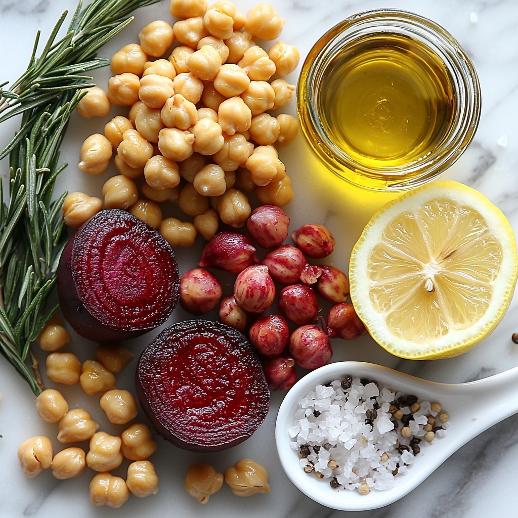 vibrant flat lay of fresh ingredients for roasted beet hummus on a clean white marble surface, featuring a small roasted beet quartered with deep ruby red color and earthy texture, a 15-oz can of cooked chickpeas spilling some pale beige round beans onto the surface, a large lemon with bright yellow zest spirals artfully arranged next to half a lemon half freshly juiced with visible juice droplets, two large garlic cloves peeled and minced finely in a small pile, a smooth dollop of creamy beige tahini on a white ceramic spoon, a small glass bowl of golden extra virgin olive oil catching the light, and small piles of coarse salt and freshly cracked black peppercorns for contrast; natural soft daylight emphasizing rich colors and textures, minimalistic and airy composition with balanced spacing and gentle shadows, styled for clean professional food photography, overhead shot, top down view, flat lay photography, professional food styling --ar 1:1 --q 2 --s 750 --v 6.1