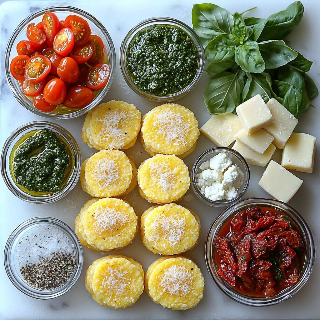 A flat lay of main ingredients for crispy Parmesan polenta rounds arranged neatly on a pristine white marble surface: several golden yellow polenta rounds sliced evenly into ½-inch thick circles, a small pile of finely grated pale ivory Parmesan cheese with its delicate crumbly texture, a small glass bowl of glossy deep green pesto, a vibrant red bowl of rich marinara sauce with visible tomato chunks, a white ramekin holding creamy soft white goat cheese, a cluster of sautéed mushrooms showing their glossy brown caps and tender texture, a few scattered sun-dried tomatoes with wrinkled deep red hues, a small glass container of golden olive oil catching light, a tiny dish of salt and ground black pepper grains, a sprinkling of fine white garlic powder, and fresh bright green basil and parsley leaves for garnish adding a pop of color. The ingredients are artfully spaced in a balanced composition, emphasizing contrasting textures and colors, styled with natural soft daylight to enhance natural colors and subtle shadows, minimalistic and clean with slight rustic accents, overhead shot, top down view, flat lay photography, professional food styling --ar 1:1 --q 2 --s 750 --v 6.1
