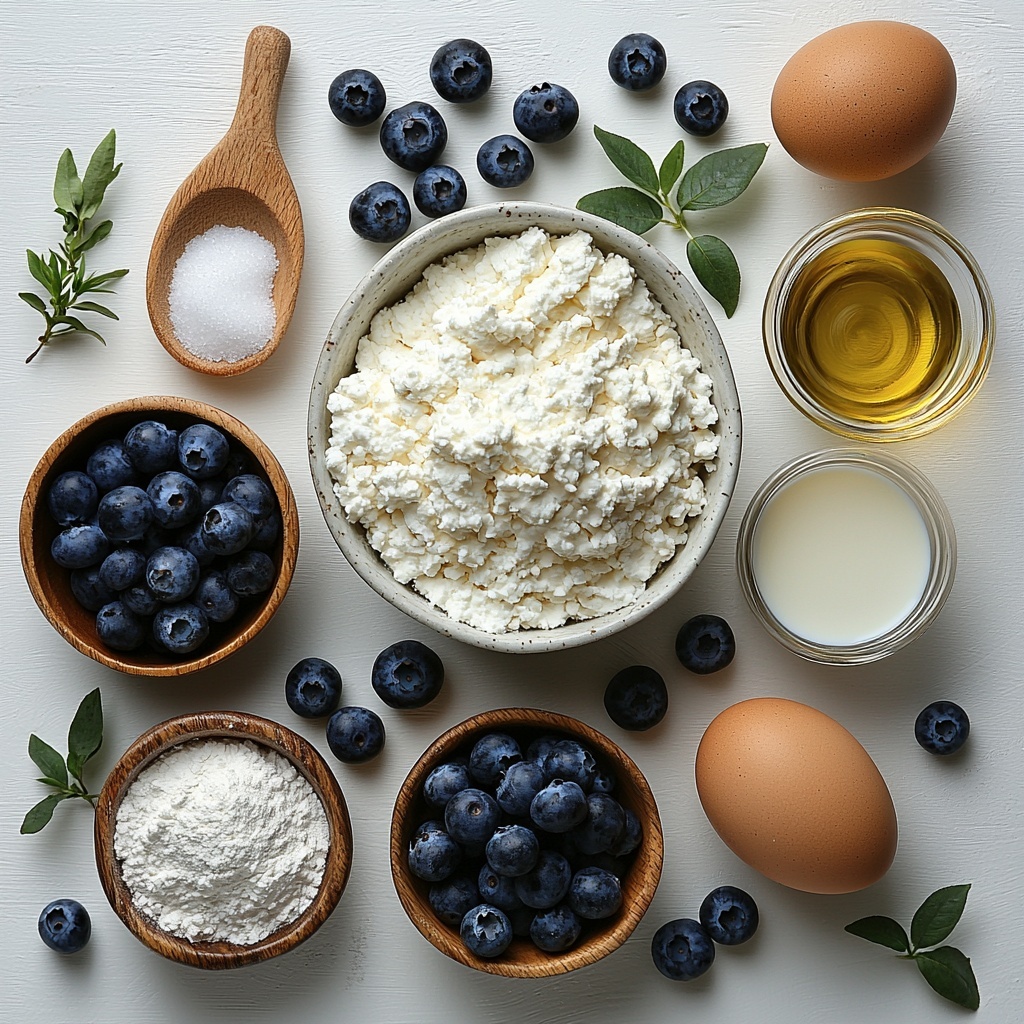 A clean, bright kitchen surface featuring the main ingredients for blueberry cottage cheese muffins artfully arranged in a balanced flat lay: a mound of white all-purpose flour in a small ceramic bowl with a wooden spoon resting beside it, a small glass bowl with light brown baking powder, a tiny dish of warm brown ground cinnamon, a white ramekin holding white baking soda, a pinch of salt in a miniature clear dish. Nearby, a bowl of creamy white cottage cheese with soft curds visible, a small glass bowl of fine white granulated sugar sparkling in the light, a small measuring cup with smooth pale beige milk, a small clear bowl of golden vegetable oil catching the light. Two large brown eggs placed gently side by side, a delicate glass vial with amber-colored vanilla extract. Fresh plump blueberries scattered naturally across the scene, some gathered in a rustic wooden bowl to show their deep indigo-blue hue and slight sheen. The surface is a clean, neutral matte white to highlight the colors and textures vividly. Soft natural light from the side casts gentle shadows, enhancing the textures of the flour, the glistening blueberries, and creamy cottage cheese. Minimal props, focus on natural ingredients with warm, inviting tones. Overhead shot, top down view, flat lay photography, professional food styling --ar 1:1 --q 2 --s 750 --v 6.1