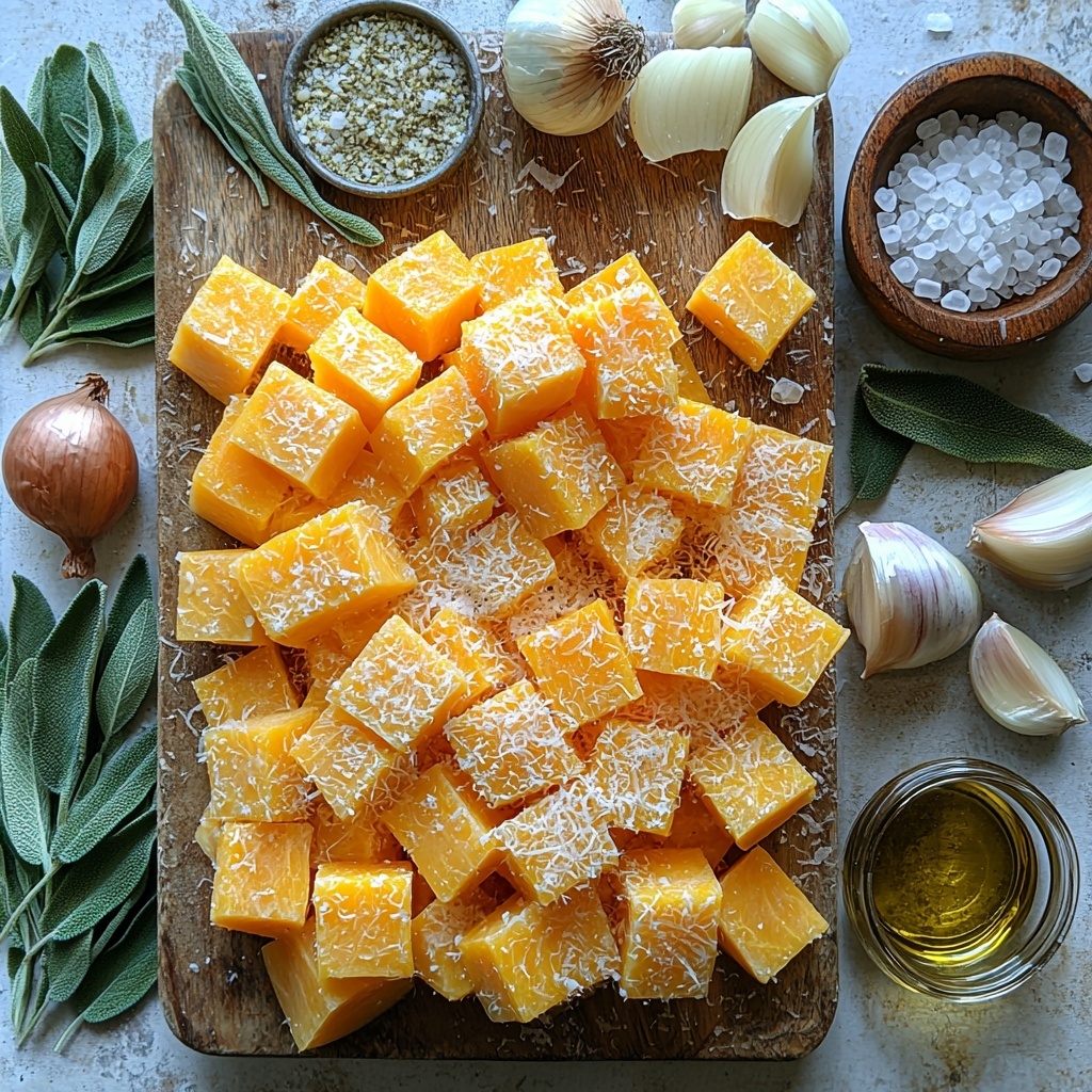butternut squash peeled and cut into bright orange cubes, medium yellow onion in large white and pale yellow chunks, two whole unpeeled garlic cloves with papery skins, small bowl of golden vegetable oil, small piles of dried sage leaves and fresh green sage sprigs, a heap of pale yellow dried pasta, modest sprinkle of freshly grated Parmesan cheese flakes, teaspoon amounts of ground nutmeg, salt crystals, and coarse black peppercorns scattered artfully, small clear glass container of amber vegetable stock; all ingredients arranged neatly on a clean white surface with natural soft lighting enhancing warm autumnal tones, visible textures of the squash’s smooth flesh and onions’ layered skin, rustic yet elegant styling with minimal props, a few fresh sage leaves casually placed around for freshness and color contrast, subtle shadows adding depth; overhead shot, top down view, flat lay photography, professional food styling --ar 1:1 --q 2 --s 750 --v 6.1