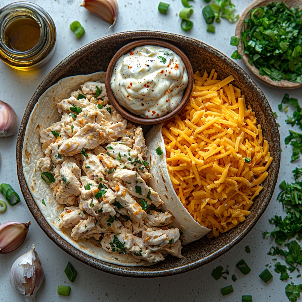 A clean white surface arranged with ingredients for cheesy garlic chicken wraps: two large soft flour tortillas neatly folded and stacked on one side; a small rustic bowl filled with chopped cooked rotisserie chicken mixed with visible minced garlic, creamy light mayonnaise, and tangy Greek yogurt speckled with red hot sauce; bright green chopped scallions scattered next to the bowl; a small heap of vibrant orange-yellow grated cheddar cheese blend showcasing fine and coarse shreds; two whole fresh garlic cloves with papery white skins intact; a sleek bottle of olive oil spray with a subtle sheen; a tiny vintage spoon resting beside the chicken mixture; soft natural lighting highlighting the varied textures from creamy, shredded, and chopped ingredients to smooth tortilla surfaces; minimal shadows and neutral tones emphasizing freshness and vibrant colors; all elements spaced with breathing room for a balanced, inviting overhead composition — overhead shot, top down view, flat lay photography, professional food styling --ar 1:1 --q 2 --s 750 --v 6.1