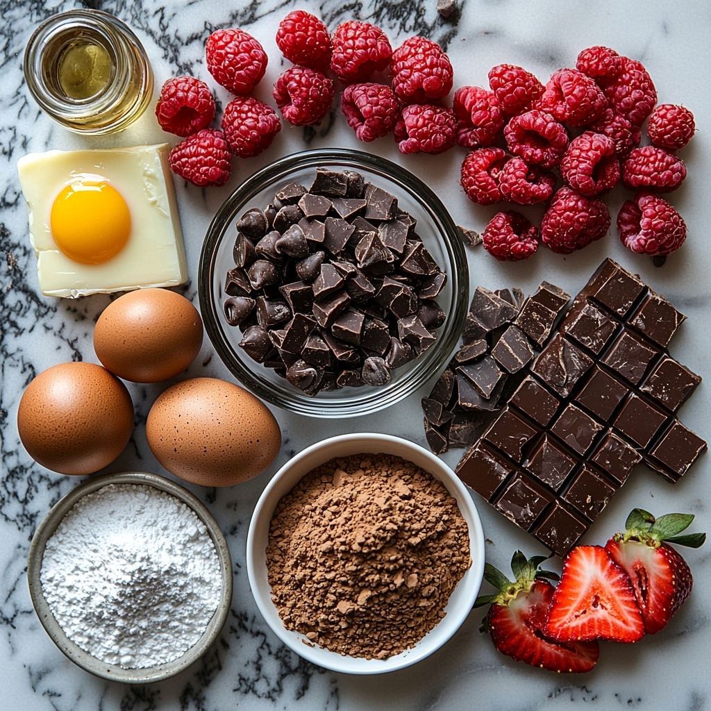 /Imagine prompt: A clean, bright flat lay of the main ingredients for mini lava cakes arranged neatly on a smooth white surface. Include three tablespoons of creamy unsalted butter in a small glass bowl, a small heap of rich dark brown cocoa powder dusted loosely nearby, a portion of glossy bittersweet chocolate chips scattered alongside a few roughly chopped chocolate pieces. Display two large brown eggs, one whole and one cracked open with the bright golden yolk visible in a small clear bowl. Show a small white bowl with fine white granulated sugar, a tiny glass bottle of clear vanilla extract with a delicate label, a pinch of coarse salt on a white ceramic spoon, and a light scattering of pale wheat flour arranged in a soft mound on a porcelain plate. For garnishes, include powdered sugar dusted gently over one corner, fresh vibrant red strawberries sliced to reveal their juicy interior, and a cluster of plump whole raspberries with a vivid ruby hue. The composition is tidy, with ingredients spaced evenly and some subtle shadows adding dimension. The textures range from creamy butter, smooth chocolate, delicate powder, glossy eggshells, and fresh fruit, with a warm natural daylight effect enhancing colors and details. Overhead shot, top down view, flat lay photography, professional food styling --ar 1:1 --q 2 --s 750 --v 6.1