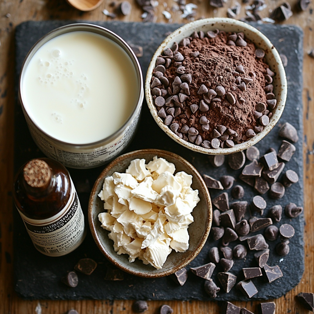 3 cups fresh milk in a clear glass measuring cup, smooth and creamy texture; 1 cup heavy cream in a small white ceramic bowl, thick and glossy; 1/2 cup rich cocoa powder in a natural burlap bowl, fine and velvety, deep brown color; 1/2 cup semi-sweet chocolate chips scattered artfully on a dark slate board, shiny and irregular shapes; 1 can of condensed milk with the label visible, metallic can resting on its side; a small glass bottle of pure vanilla extract with a cork stopper, amber liquid inside; all ingredients arranged neatly on a clean, light wooden surface with soft natural light casting gentle shadows; rustic and cozy styling with a touch of warmth, subtle hints of warmth from the cream and chocolate contrast against the cool wood; minimal props like a wooden spoon and a small linen napkin to add texture without clutter; overhead shot, top down view, flat lay photography, professional food styling --ar 1:1 --q 2 --s 750 --v 6.1