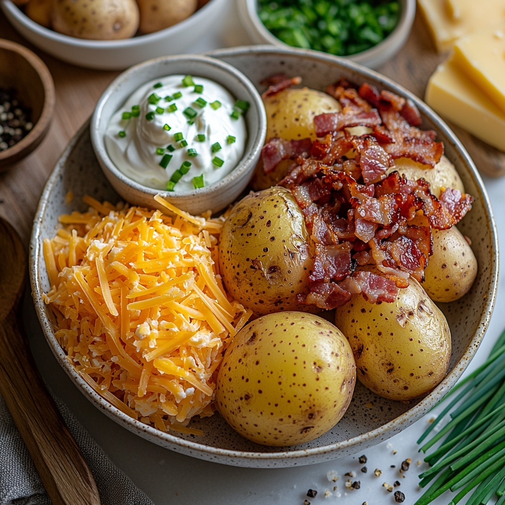 Russet potatoes, whole and halved with golden brown skins and fluffy creamy interiors visible; shredded sharp cheddar cheese in a small rustic bowl showing vibrant orange-yellow strands; crispy cooked bacon pieces piled in a small white ramekin with reddish-brown and smoky textures; a small glass bowl of melted golden butter shimmering softly; a dollop of smooth, thick sour cream in a white ceramic dish; finely chopped bright green chives sprinkled artfully on a wooden board; coarse salt crystals and freshly ground black peppercorns scattered lightly nearby; all ingredients thoughtfully arranged on a clean white marble surface with natural light casting soft shadows, emphasizing warm earthy tones and contrasting textures; subtle rustic kitchen props like a wooden spoon and linen napkin add cozy atmosphere, enhancing the inviting feel of the composition; overhead shot, top down view, flat lay photography, professional food styling --ar 1:1 --q 2 --s 750 --v 6.1