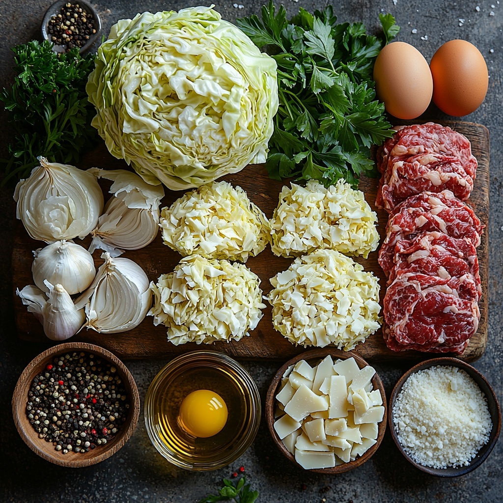 A clean, neutral-toned surface with a flat lay arrangement of the main ingredients for oven-baked cabbage burgers: a small head of green cabbage sliced into thick ½ inch rounds showing crisp, layered texture; a small glass bowl of golden olive oil with a slight sheen; a mound of raw ground beef (or turkey/chicken/plant-based alternative) showing fresh, rich red and pink hues with a slightly coarse texture; a medium onion whole and halved revealing smooth white and purple layers; two cloves of peeled garlic with creamy white, smooth skin; small piles of spices – coarse black peppercorns, reddish smoky paprika powder, and coarse salt crystals – artfully scattered nearby; a small dish of dark umami Worcestershire sauce glistening with a rich brown tint; one whole fresh large egg with smooth shell; a small bowl of shredded cheese showing creamy yellow to white hues with a soft texture; and fresh vibrant green parsley sprigs for a pop of color. The ingredients are thoughtfully spaced with some overlapping to create balance and visual interest, natural soft lighting emphasizing textures and colors, minimal shadows, subtle rustic props such as wooden spoons and a linen napkin placed harmoniously around, capturing freshness and wholesome simplicity. overhead shot, top down view, flat lay photography, professional food styling --ar 1:1 --q 2 --s 750 --v 6.1