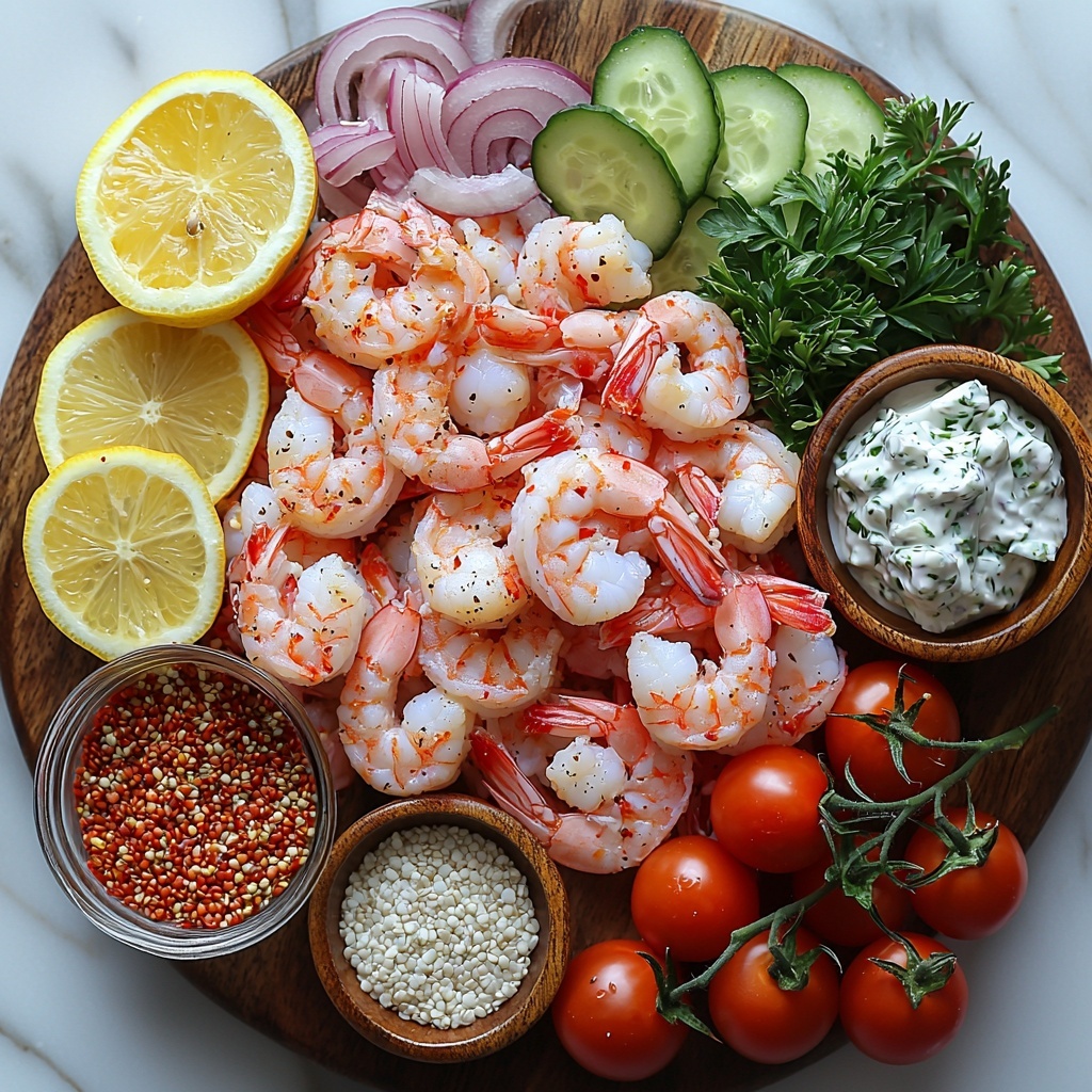 Large peeled and deveined shrimp, raw and fresh, pink and translucent with hints of coral; dry uncooked quinoa grains in a small rustic bowl, beige and textured; a small glass bowl of olive oil, golden and glossy; paprika powder in a tiny wooden scoop, deep red; small piles of garlic powder and onion powder, fine and pale beige; crushed red pepper flakes scattered lightly, vibrant red and orange; coarse salt and black peppercorns in small ceramic dishes; halved cherry tomatoes, bright red and juicy with visible seeds; thinly sliced cucumber rounds, pale green with dark edges; thin crescent slices of red onion, vibrant purple with delicate layers; crumbled feta cheese, snowy white and crumbly; thin lemon slices with visible seeds and bright yellow rind; fresh chopped parsley, vivid green with a leafy texture; optional small bowl of creamy tzatziki sauce, white with flecks of green herbs; everything carefully arranged on a clean white marble surface, colors balanced with contrasting textures and natural lighting to enhance freshness and vibrancy; minimal shadows, soft directional light from top left, slight reflections on glossy surfaces; composed with negative space for an airy, clean aesthetic, emphasizing Mediterranean freshness and simplicity — overhead shot, top down view, flat lay photography, professional food styling --ar 1:1 --q 2 --s 750 --v 6.1