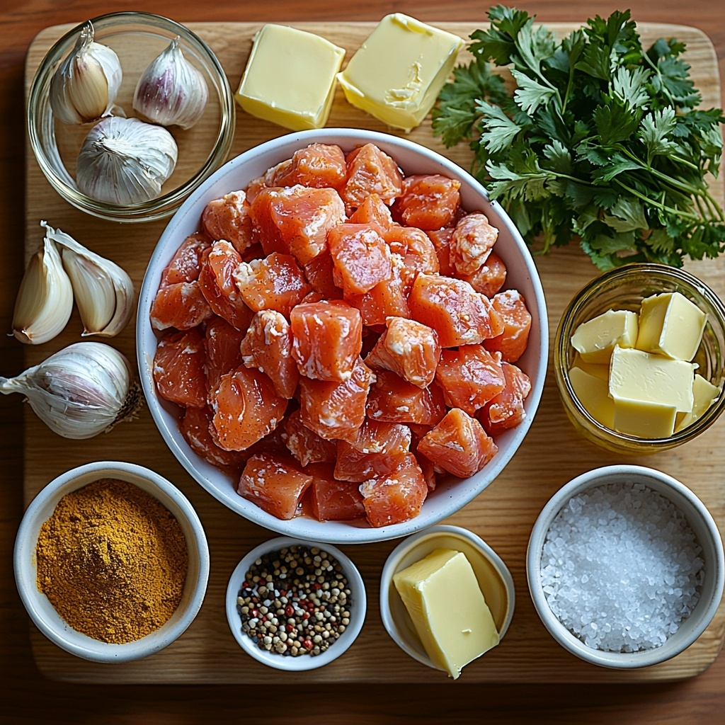 /Imagine prompt: A clean, light wooden surface neatly arranged with the main ingredients for a Texas Roadhouse Butter Chicken Skillet. Centered are raw, diced chicken breast pieces showing a fresh pale pink color and smooth texture on a small white ceramic bowl. Surrounding it are dollops and slices of rich, creamy golden butter, a small glass measuring cup filled with thick, white heavy cream, and a clear bowl of translucent, amber chicken broth. Nearby, piles of vibrant yellow curry powder and deep red paprika sit in small rustic ceramic dishes, their fine textures contrasting beautifully. Fresh minced garlic and ginger are placed in tiny white ramekins, showcasing their slightly coarse, moist textures. Scattered coarse sea salt and cracked black peppercorns add a natural, tactile element to the scene. A small bunch of bright green fresh cilantro leaves with delicate stems rests on the side for garnish. The overall arrangement is balanced, with ingredients spaced evenly and color contrasts that pop on the neutral background. Soft natural light highlights the glossiness of the butter and cream, and subtle shadows add depth, creating an inviting and fresh atmosphere. Overhead shot, top down view, flat lay photography, professional food styling --ar 1:1 --q 2 --s 750 --v 6.1