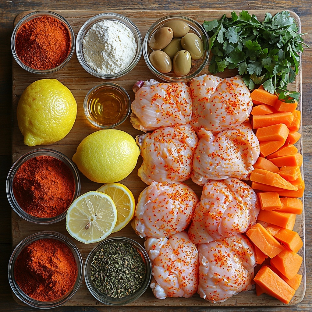 A vibrant flat lay of Moroccan Chicken Tagine ingredients arranged neatly on a clean, light wooden surface. Include small bowls of warm red paprika, earthy brown ground cumin, deep orange cayenne pepper, pale yellow ground ginger, light brown ground coriander, and soft brown ground cinnamon, each powder fine and textured. A fresh whole lemon, bright yellow with visible zest rind, is halved beside a pile of peeled garlic cloves and finely minced garlic on a small spoon. Display eight raw bone-in, skin-on chicken thighs with plump, smooth skin trimmed of excess fat, arranged in a loose cluster showing natural pink tones. A large yellow onion, halved and sliced into thin crescent-shaped rings with translucent layers. A small mound of pale golden all-purpose flour, and a clear measuring cup or small jug of chicken broth with a slight amber tint. Bright orange carrot coins, peeled and cut crosswise, laid out in a geometric row. A small bowl of glossy green cracked olives, halved to reveal pits removed, and a scattering of freshly chopped vivid green cilantro leaves, finely chopped with crisp texture. A drizzle of golden olive oil in a small glass dish and a wooden spoon resting casually alongside. The overall arrangement is clean, crisp, and balanced with soft natural lighting enhancing the warm, earthy, and fresh colors, highlighting textures from powdery spices to juicy chicken skin. Styled with minimal rustic props, linen napkin edges, and a hint of shadow for depth. Overhead shot, top down view, flat lay photography, professional food styling --ar 1:1 --q 2 --s 750 --v 6.1
