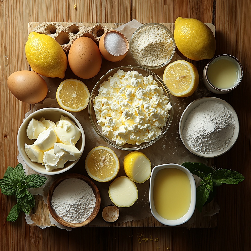 Softened butter in a small vintage white ceramic bowl, granulated white sugar in a glass measuring cup, three large brown eggs arranged neatly in a wooden egg crate section, a dollop of smooth full-fat sour cream in a clear glass ramekin, a small heap of pale yellow dry lemon pudding mix on a white porcelain spoon, fresh yellow lemon zest sprinkled artfully around a halved bright yellow lemon showing juicy pulp, a small clear bowl with fresh lemon juice, sifted ivory cake flour mounded gently on rustic parchment paper, a pinch of fine white baking powder and coarse salt in tiny white porcelain dishes, a block of creamy softened cream cheese on a marble slab next to a pat of butter, powdered sugar in a small ceramic bowl with some dusted lightly on the surface, all ingredients spread evenly with natural daylight casting soft shadows on a clean light wooden surface, pops of vibrant yellow from the lemon elements contrasted with smooth whites and creams, textures ranging from powdery sugar and flour to glossy eggshells and creamy butter, styled minimalistically with a few sprigs of fresh green mint for color contrast, overhead shot, top down view, flat lay photography, professional food styling --ar 1:1 --q 2 --s 750 --v 6.1
