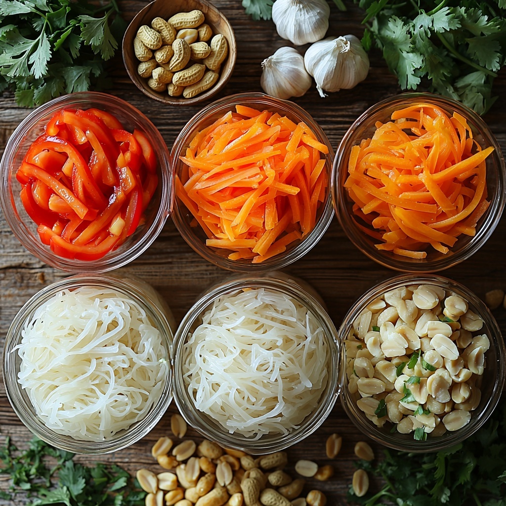 8 oz. uncooked rice noodles neatly coiled in a small pile, smooth and pale white; two small glass bowls with glossy peanut oil reflecting light; vibrant red bell pepper strips arranged in a fan shape showing their crisp texture; bright orange julienned carrot sticks in a tidy bundle; three garlic cloves peeled and minced finely scattered nearby; a transparent measuring cup filled with a creamy beige peanut butter sauce visible with layers of soy sauce, lime juice, honey, ginger, and sriracha slightly blended; a small mound of roughly chopped fresh green cilantro leaves adding a lively green pop; a bowl with roughly chopped peanuts displaying crunchy texture and light tan color; thin slices of vibrant green onions laid out in a fan shape; all ingredients placed with intentional spacing on a clean, neutral light wood or white background surface emphasizing natural colors and textures; soft natural lighting casting gentle shadows to enhance textures; a minimalist and fresh styling with subtle rustic elements like a wooden spoon or linen cloth softly blurred at the edges for depth. overhead shot, top down view, flat lay photography, professional food styling --ar 1:1 --q 2 --s 750 --v 6.1