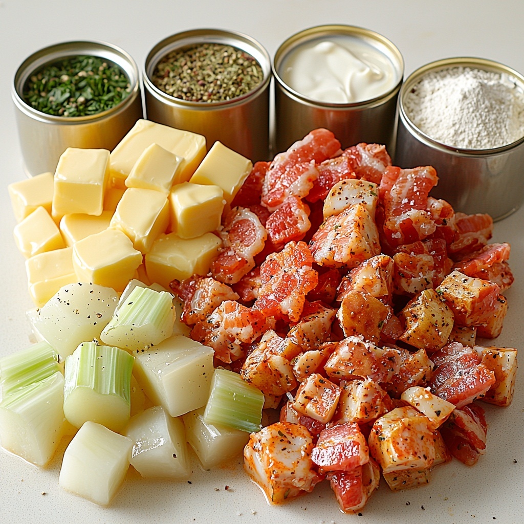 clumps of crispy chopped bacon with reddish-brown hues, golden yellow cubes of butter, finely chopped translucent white onion, minced garlic cloves with a creamy pale texture, light green chopped celery ribs, a small mound of off-white flour powder, three glossy silver cans of chopped clams slightly opened with a hint of clam juice, peeled and diced russet potatoes showing their creamy beige interior, small glass bowls containing deep green Italian seasoning and dried bay leaves with muted green tones, a white ceramic cup filled with thick heavy cream, scattered grains of coarse salt and cracked black peppercorns; all ingredients carefully spaced and arranged on a clean, bright white surface with soft natural light highlighting the varied textures and fresh colors, subtle shadows adding depth, styled for clarity and appeal with minimal props, overhead shot, top down view, flat lay photography, professional food styling --ar 1:1 --q 2 --s 750 --v 6.1