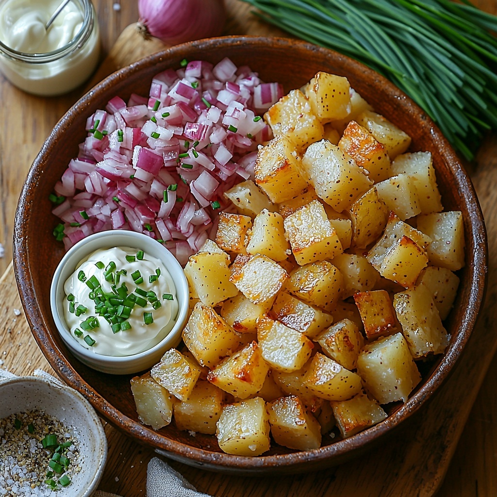 Yukon Gold potatoes cut into 1-inch cubes, golden yellow with smooth skin, arranged neatly in a rustic ceramic bowl; thick-cut bacon slices chopped into crispy, reddish-brown pieces scattered on a small wooden board; a small white bowl filled with creamy off-white mayonnaise; another small bowl with pale sour cream; a small spoon resting in a jar of glossy Dijon mustard, vibrant yellow with smooth texture; finely chopped fresh bright green chives placed in a tiny white ramekin; finely diced red onion showing deep purple and white layers on a small wooden plate; coarse sea salt crystals and freshly ground black peppercorns sprinkled artistically on the clean light wooden surface; all ingredients spaced evenly and styled with natural soft daylight casting gentle shadows, emphasizing the contrasting colors and textures, minimalistic clean background, subtle linen napkin off to the side, overhead shot, top down view, flat lay photography, professional food styling --ar 1:1 --q 2 --s 750 --v 6.1