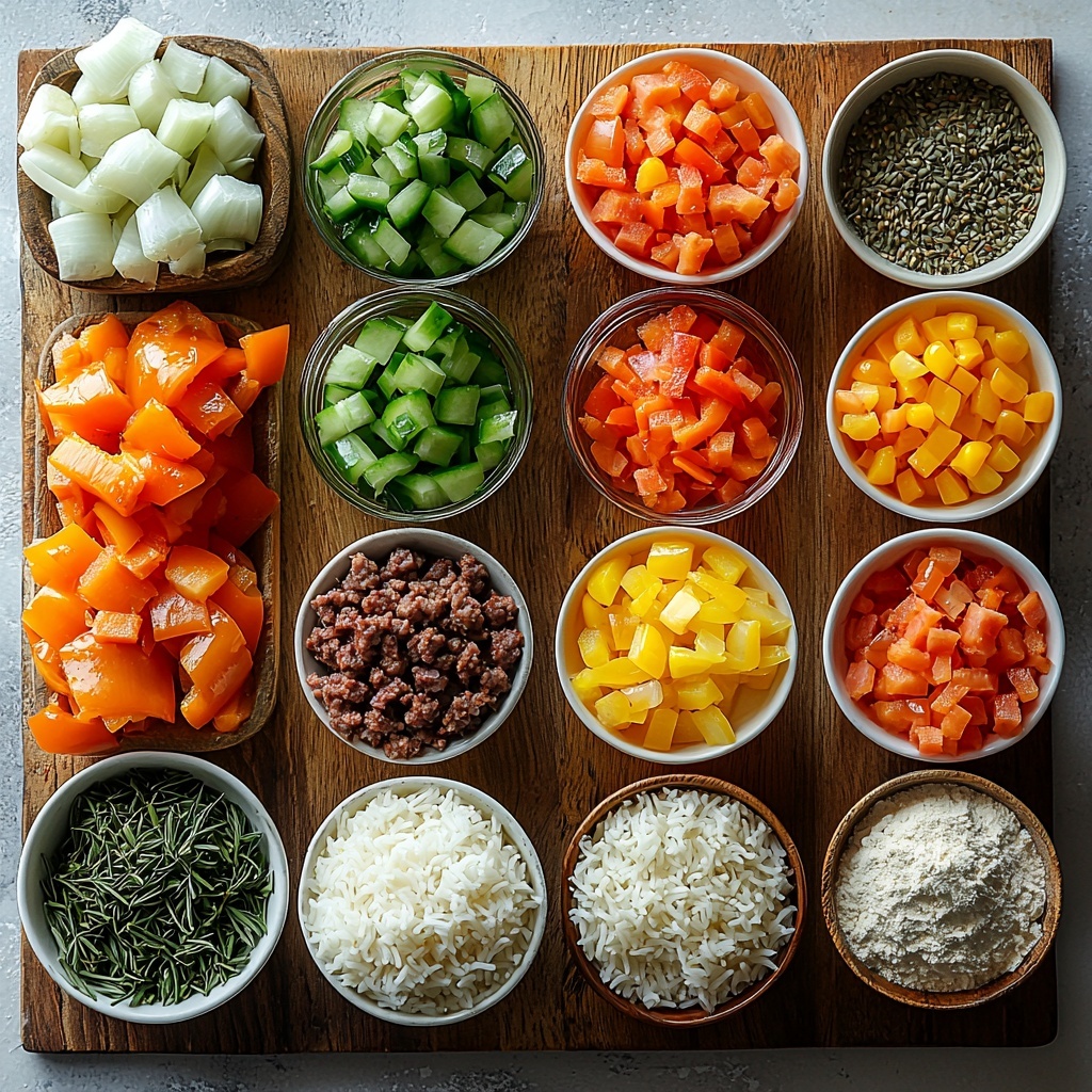 Detailed flat lay of Louisiana Dirty Rice ingredients arranged on a clean white surface: raw ground beef and ground pork sausage placed side by side in neat portions on small rustic wooden bowls, cooked fluffy rice in a white ceramic bowl with visible grains, a glass measuring cup filled with golden chicken broth, diced vibrant green bell pepper, bright yellow diced onion, and pale green diced celery all in small white ramekins, a small pile of light brown all-purpose flour on a wooden spoon, a small metal dish with shiny reddish-brown bacon grease, three fresh glossy bay leaves arranged artfully, a cluster of finely chopped fresh parsley with rich green color, small vintage spoons holding dried oregano, dried thyme, chili powder, paprika, cayenne pepper, black pepper, minced garlic, and salt displayed in neat piles highlighting their varied earthy tones and textures. The scene is styled with warm natural light, crisp shadows, subtle rustic touches of linen napkins and small wooden cutting boards, clean and minimal background emphasizing the vibrant colors and textures of the ingredients, overhead shot, top down view, flat lay photography, professional food styling --ar 1:1 --q 2 --s 750 --v 6.1