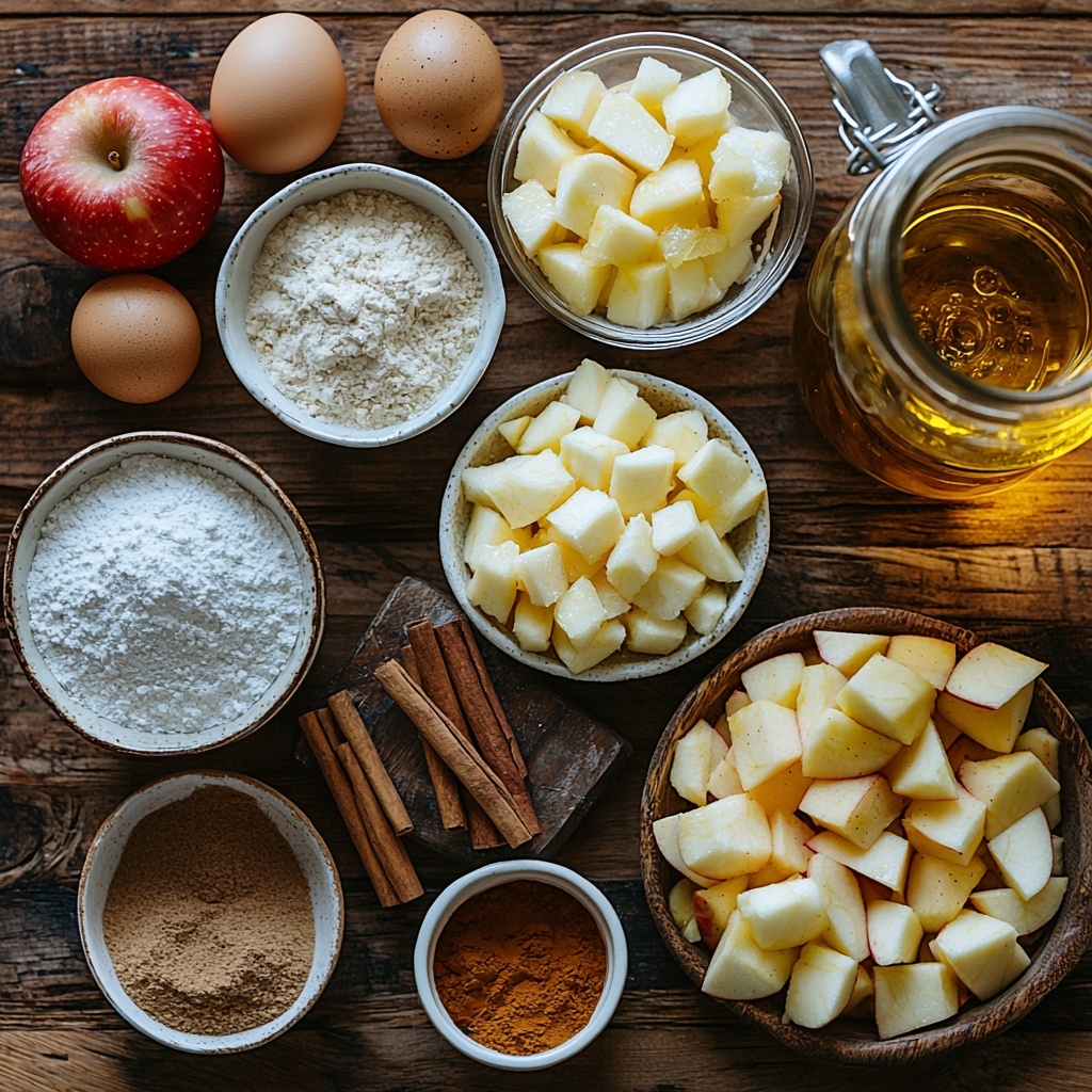A clean, bright wooden surface arranged with ingredients for mini apple fritter waffle donuts: a small ceramic bowl of all-purpose flour with soft white powder texture, a glass jar of golden brown sugar crystals reflecting warm light, tiny white ramekins holding baking powder and baking soda powders, a small dish with warm cinnamon and nutmeg powders adding earthy brown tones, a pinch bowl of fine white salt, a vintage measuring cup filled with creamy buttermilk showing smooth texture, a clear bowl of glossy applesauce with soft amber color, a fresh large brown egg with smooth shell, a rustic bowl of diced fresh apples displaying red and pale green skins with juicy crisp flesh, and a small pitcher of golden frying oil catching highlights. Scattered cinnamon sticks and a few loose apple slices add rustic charm. The ingredients are spaced evenly with natural shadows, styled to highlight contrasting textures and warm autumnal colors. Overhead shot, top down view, flat lay photography, professional food styling --ar 1:1 --q 2 --s 750 --v 6.1
