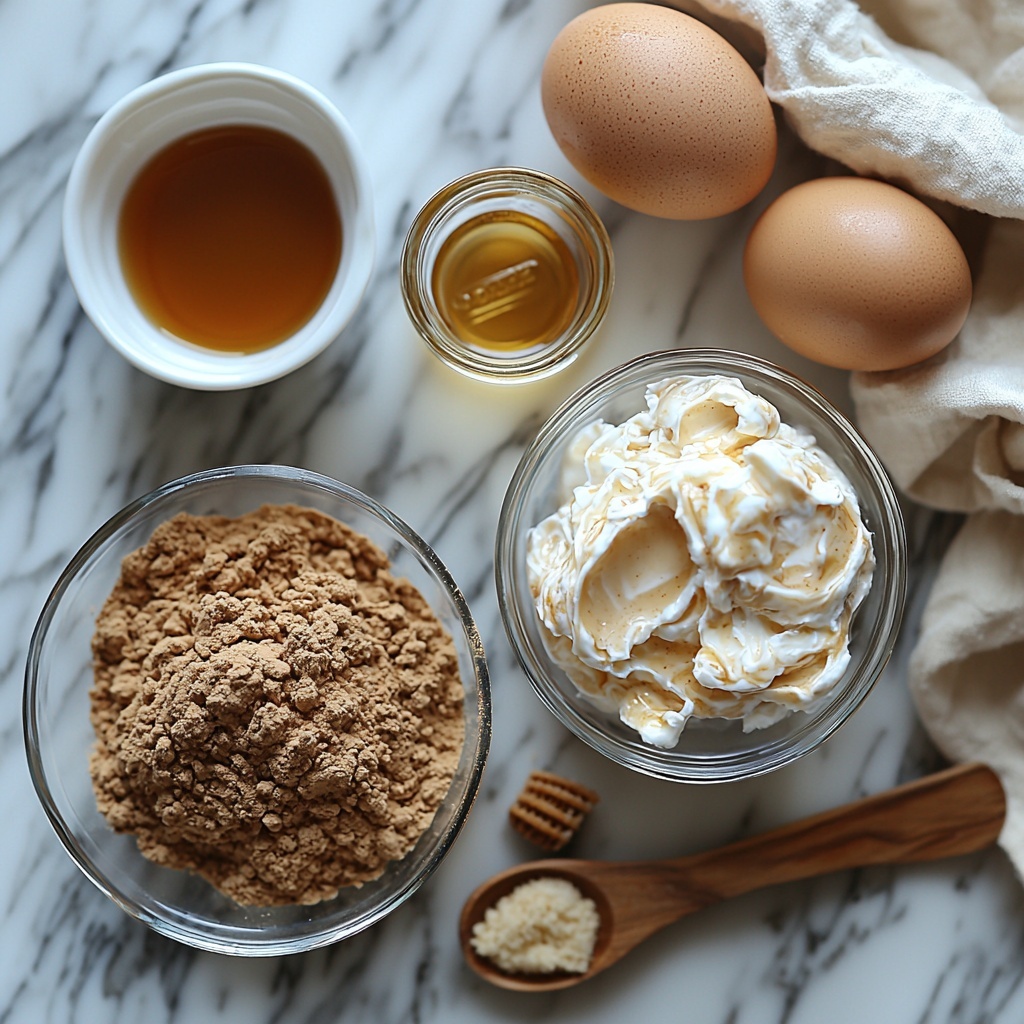 self-raising flour in a clear glass bowl with a light dusting around it, small heap of golden light brown sugar beside it, white ceramic teaspoon filled with fine baking powder, glass measuring jug with creamy milk, small bowl of melted Biscoff spread showing smooth, glossy caramel color, two large fresh brown eggs, small glass bowl with golden vegetable oil, tiny white dish holding amber vanilla bean paste, chilled metal bowl filled with softly whipped double cream with a swirl of Biscoff spread gently folded in showcasing creamy texture, rustic wooden spoon resting nearby, all ingredients neatly spaced on a clean white marble surface with soft natural light casting gentle shadows, neutral linen napkin folded casually at one corner, subtle warm tones enhancing the rich caramel and cream colors, minimalist and elegant styling emphasizing textures and freshness, overhead shot, top down view, flat lay photography, professional food styling --ar 1:1 --q 2 --s 750 --v 6.1