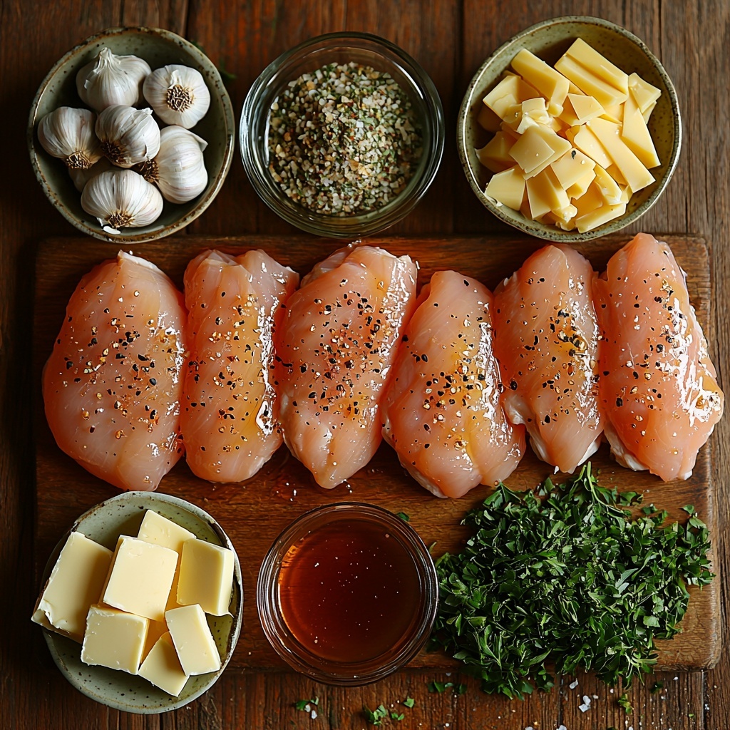 4 boneless, skinless chicken breasts, raw and plump with pale pink flesh, arranged side by side; 4 tablespoons of butter in a small glass bowl with a creamy yellow hue; 4 cloves of garlic, whole and peeled, their smooth white skins glistening slightly; 1 cup of golden chicken broth in a clear measuring cup, warm and translucent; 2 tablespoons of rich amber honey in a small drizzle dish; 1 teaspoon of deep red paprika powder in a tiny ceramic bowl showing fine texture; 1 teaspoon dried parsley flakes, bright green and slightly coarse, spilled artistically next to the bowls; coarse salt crystals and cracked black peppercorns scattered elegantly on the surface; optional shredded cheddar and Monterey Jack cheese, pale yellow and white shreds mixed loosely on a small plate; a small pile of glossy caramelized onions with a deep brown color and soft texture on a wooden spoon; all ingredients arranged neatly on a light, clean wooden surface with natural soft daylight casting gentle shadows, styled with vintage measuring spoons, a linen napkin folded casually on one side, and rustic ceramic bowls enhancing warm, inviting tones, creating a harmonious blend of colors and textures perfect for a professional flat lay food photograph — overhead shot, top down view, flat lay photography, professional food styling --ar 1:1 --q 2 --s 750 --v 6.1
