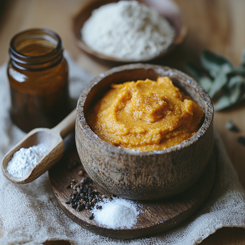 Soft vegan butter in a small rustic bowl, smooth pumpkin puree in a glass jar showing vibrant orange, a small heap of light brown sugar and white granulated sugar in separate vintage ceramic spoons, a small amber bottle of vanilla extract with a wooden dropper, a neat pile of all-purpose flour on a linen cloth dusted around the edges, a small bowl with a warm brown mixture of pumpkin pie spice and cinnamon, a wooden scoop of white cornstarch, a tiny dish of fine salt crystals shimmering softly, additional vegan butter for frosting in a creamy swirl on a wooden plate, a small jar of dark vanilla paste with a wooden honey dipper, a mound of soft brown sugar for frosting beside powdered sugar dusted gently on a wire mesh sieve, all ingredients thoughtfully spaced on a clean light wood surface with natural soft daylight illuminating textures and colors, warm autumnal tones, subtle shadows enhancing depth and rustic elegance, overhead shot, top down view, flat lay photography, professional food styling --ar 1:1 --q 2 --s 750 --v 6.1