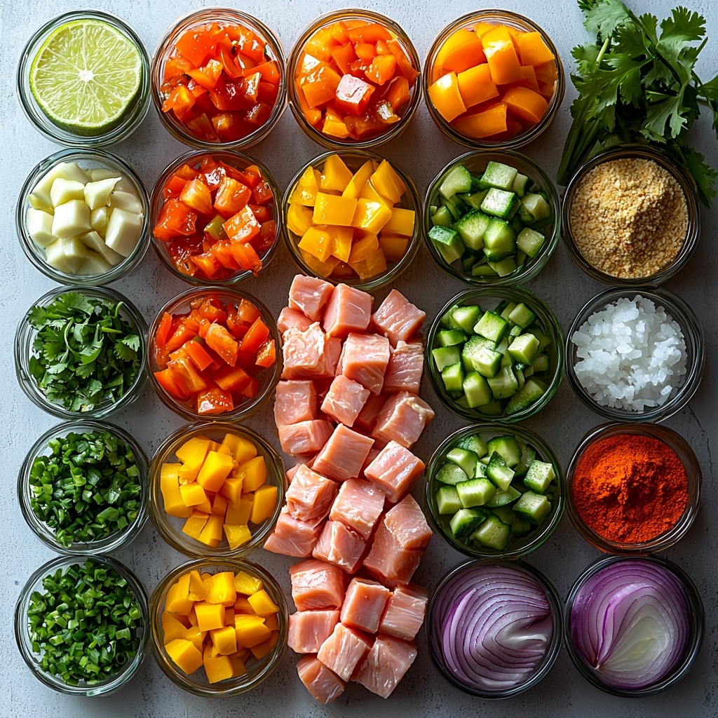 A vibrant flat lay of fresh keto Thai coconut curry ingredients arranged neatly on a clean white surface. At the center, diced raw chicken breast in soft pink cubes, surrounded by colorful diced red and green bell peppers, bright green sliced zucchini, fresh green asparagus spears cut into segments, and small clusters of vivid green broccoli florets. Nearby, a halved large red onion with its deep purple layers exposed, minced garlic cloves and a small pile of finely minced ginger with a light golden hue. Two glossy dark green makrut lime leaves lie elegantly beside a small heap of bright red fiery roasted tomato puree. Small glass bowls hold rich, golden-yellow curry powder, vibrant red curry paste, and amber fish sauce. A 15oz can of creamy white full-fat coconut milk contrasts with a small mound of flaky white salt. A wedge of lime with fresh green flesh sits beside a thin stream of lime juice in a clear dish. Fresh sprigs of bright green cilantro and finely sliced green onions add a pop of color and texture. A tablespoon of smooth, shiny coconut oil is displayed in a small dish. The ingredients are arranged rhythmically with space between each element, showcasing their natural colors and textures under soft, diffused lighting. Shadows are minimal to keep the focus crisp and inviting. Overhead shot, top down view, flat lay photography, professional food styling --ar 1:1 --q 2 --s 750 --v 6.1
