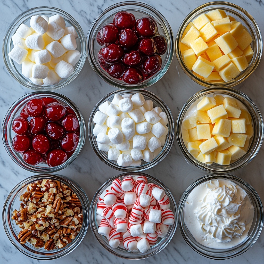 a clean white surface with ingredients for Christmas Cherry Fluff neatly arranged in small glass bowls and jars, including glossy deep red cherry pie filling with whole cherries, smooth creamy light beige sweetened condensed milk in a small pitcher, bright yellow crushed pineapple pieces drained and glistening, fluffy white whipped topping in a bowl showing soft peaks, a pile of tiny soft white mini marshmallows, a small pile of finely shredded white coconut flakes, chopped pecans and walnuts displaying rich brown and tan textures, a small bowl of extra cherry pie filling for garnish, a dollop of whipped cream on a small plate, colorful red and white crushed candy canes and vibrant holiday sprinkles scattered stylishly around for festive effect, natural soft light casting gentle shadows, a balanced and harmonious overhead arrangement emphasizing contrasting textures and vibrant colors, minimalistic rustic styling with a hint of holiday cheer, overhead shot, top down view, flat lay photography, professional food styling --ar 1:1 --q 2 --s 750 --v 6.1