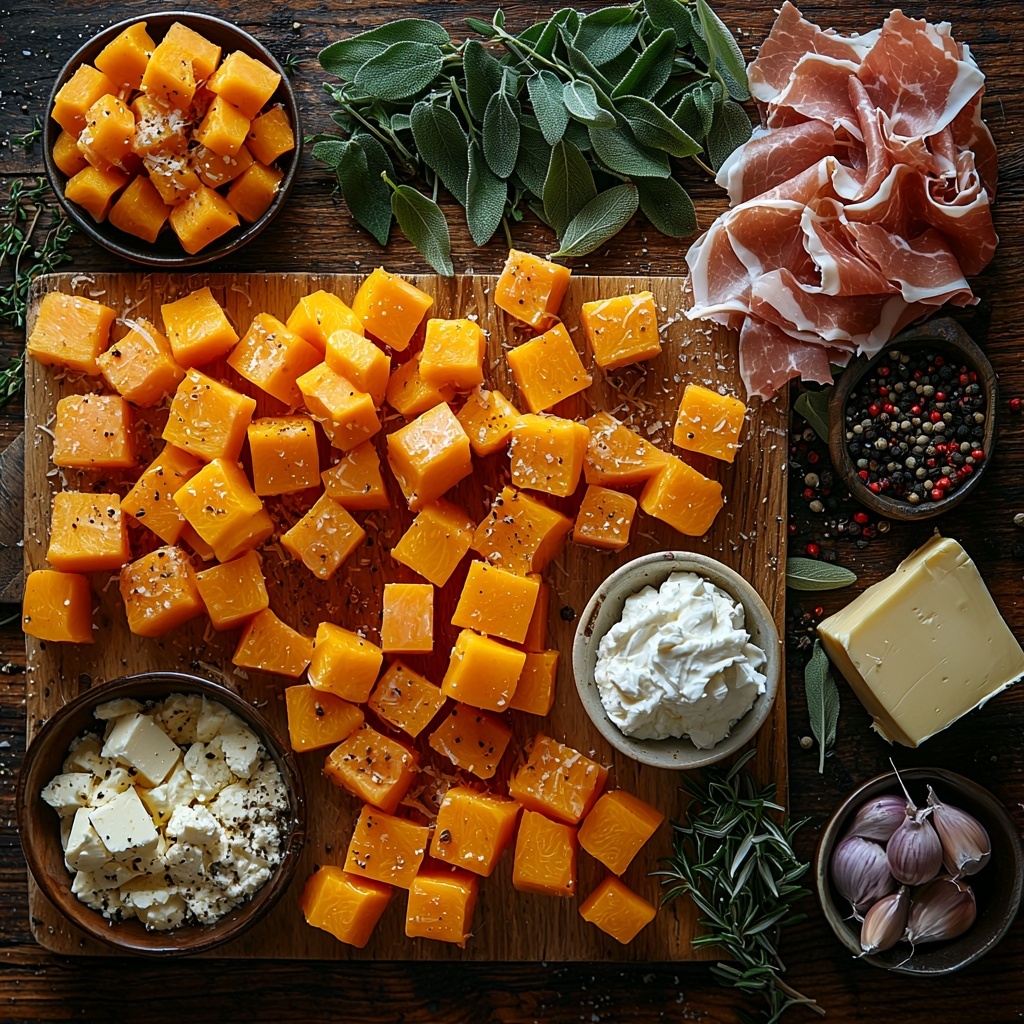 A clean, rustic wooden surface with an artful flat lay arrangement of ingredients for creamy roasted garlic butternut squash pasta: bright orange cubes of butternut squash piled neatly, glossy cloves of garlic with papery skins intact, small bunches of fresh green thyme leaves and chopped rosemary scattered delicately nearby, thin slices of rosy pink prosciutto fanned out elegantly, creamy white dollops of ricotta cheese in a small ramekin, a neat mound of golden shredded gouda cheese alongside a sprinkle of grated parmesan, a pat of pale yellow salted butter on crinkled parchment paper, a small heap of crushed red pepper flakes adding a pop of deep red, fresh sage leaves vivid green and textured, kosher salt and coarse black pepper grains sprinkled artistically in small piles, and uncooked long or short pasta laid out in a loose bundle showing its smooth, pale beige texture — all styled with natural soft daylight, subtle shadows, and minimal props to emphasize fresh, vibrant colors and diverse textures. overhead shot, top down view, flat lay photography, professional food styling --ar 1:1 --q 2 --s 750 --v 6.1