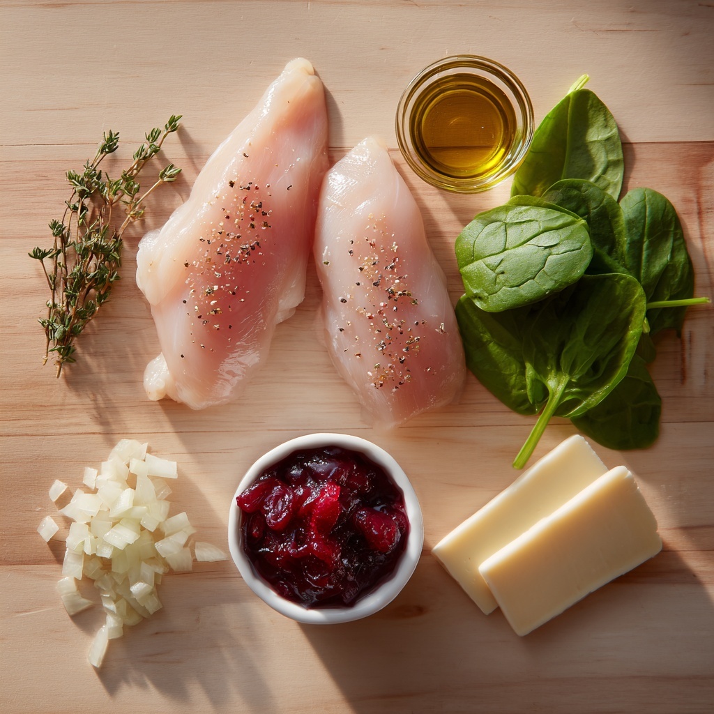 boneless skinless chicken breasts, kosher salt, dried thyme, ground black pepper, extra-virgin olive oil in a small glass bowl, diced shallot, minced garlic clove, roughly chopped baby spinach, vibrant red cranberry sauce in a small white ramekin, creamy white brie cheese slices arranged artfully, all ingredients neatly spaced on a clean, light wooden surface with natural warm lighting highlighting the textures and colors – the soft pink chicken breasts with seasoning sprinkled on top, the fresh green spinach leaves, the glistening olive oil, the translucent shallots and garlic, the glossy cranberry sauce contrasting with the smooth, rich brie; subtle shadows for depth, minimalistic and elegant presentation with a rustic yet modern vibe, overhead shot, top down view, flat lay photography, professional food styling --ar 1:1 --q 2 --s 750 --v 6.1