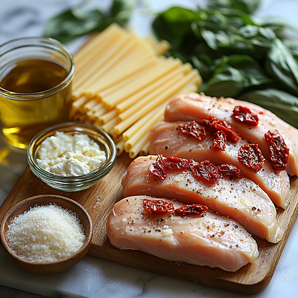 olive oil in a small glass bowl glistening with golden hues, raw chicken breasts plump and pale pink with a slight sheen, scattered kosher salt crystals sparkling white, chopped sun-dried tomatoes rich deep red with slightly wrinkled texture, minced garlic cloves creamy white finely chopped, a measuring cup filled with translucent golden chicken broth, a small jug of thick ivory heavy cream, uncooked penne pasta pale yellow tubular shapes neatly arranged, fresh bright green spinach leaves with crisp texture, a small bowl of finely grated Parmesan cheese snow-white and fluffy, torn fresh basil leaves vibrant green with delicate veins, all ingredients carefully spaced on a clean white marble surface with subtle natural veining, bright soft natural lighting highlighting textures and colors, gentle shadows adding depth, minimal props focusing on freshness and rustic simplicity, overhead shot, top down view, flat lay photography, professional food styling --ar 1:1 --q 2 --s 750 --v 6.1