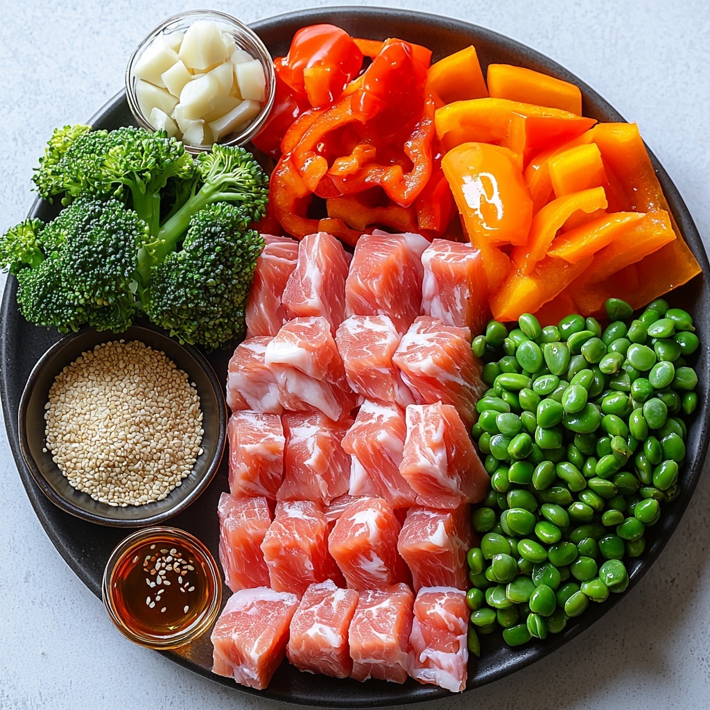 /Imagine prompt: A clean white surface with a beautifully arranged flat lay of ingredients for a quick pork stir fry. Centered are thin strips of raw pork tenderloin, pale pink with delicate marbling. To one side, small, bright green broccoli florets with textured surfaces. Nearby, vibrant sliced bell peppers in rich red and fresh green hues, glossy and crisp. Next to them, thin crescent slices of deep purple-red onions showing translucent layers. Fresh snap peas, bright green and plump, with glossy skins. Small bowls hold rich dark brown reduced-sodium soy sauce mixed with water, a vivid red-orange sriracha sauce with smooth texture, and golden honey shining in the light. A heap of cornstarch powder, fine and white, contrasts with the colorful ingredients. Fresh minced garlic, tiny creamy white pieces, and grated ginger root, pale yellow with fibrous texture, are arranged neatly. A small dish of amber sesame oil glistens, next to a scattering of tiny tan sesame seeds. Two tablespoons of clear avocado oil in a small glass container complete the scene. The layout emphasizes vibrant, natural colors and diverse textures, with balanced spacing and soft natural lighting enhancing freshness and inviting warmth. Overhead shot, top down view, flat lay photography, professional food styling --ar 1:1 --q 2 --s 750 --v 6.1