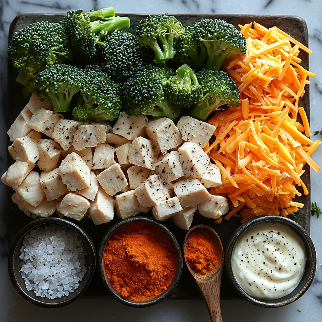 15 ounces fresh green broccoli crowns cut into small florets arranged in a neat pile, 1.5 pounds raw chicken breast pieces cut into uniform 1-inch cubes scattered evenly, a bowl of creamy beige mushroom soup combined with smooth white low-fat Greek yogurt, small piles of powdered garlic and onion, a pinch of coarse salt crystals on a rustic ceramic spoon, a handful of shredded bright orange cheddar cheese fanned out, all ingredients placed thoughtfully on a clean white marble surface with natural soft lighting that emphasizes the vibrant colors and varied textures — broccoli’s fresh green roughness, chicken’s moist pale pink flesh, creamy soup mixture’s silky texture, fine powders’ delicate graininess, sharp cheddar’s rich color — styled with minimal props, subtle shadows, and ample negative space for a modern, fresh, and appetizing composition, overhead shot, top down view, flat lay photography, professional food styling --ar 1:1 --q 2 --s 750 --v 6.1