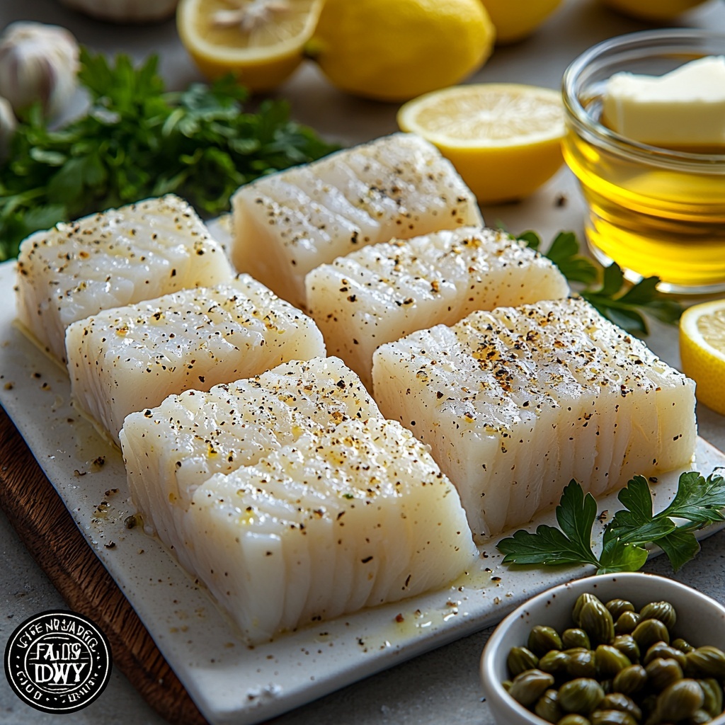 4 raw cod fillets with delicate white flesh and slight translucence, sprinkled lightly with coarse salt and freshly cracked black pepper; a small mound of pale all-purpose flour on a white ceramic plate with a fine dusting around it; two glossy spoons of golden olive oil glistening in small glass bowls; a slab of creamy unsalted butter with a smooth texture on a rustic wooden board; two peeled garlic cloves finely minced and arranged neatly on a small white dish; a bright glass cup of fresh lemon juice, vibrant yellow with visible pulp bits; a clear bowl holding low-sodium chicken broth with a subtle golden hue; a handful of small green capers glistening after rinsing and drained on a clean white plate; a few sprigs of fresh parsley chopped finely with vibrant green leaves sprinkled loosely nearby; thin lemon slices with bright yellow rinds and juicy translucent centers stacked elegantly; all ingredients meticulously arranged on a clean, matte white surface creating contrast and harmony, natural soft lighting emphasizing textures and colors, subtle shadows for depth, minimal props to keep focus on ingredients, overhead shot, top down view, flat lay photography, professional food styling --ar 1:1 --q 2 --s 750 --v 6.1