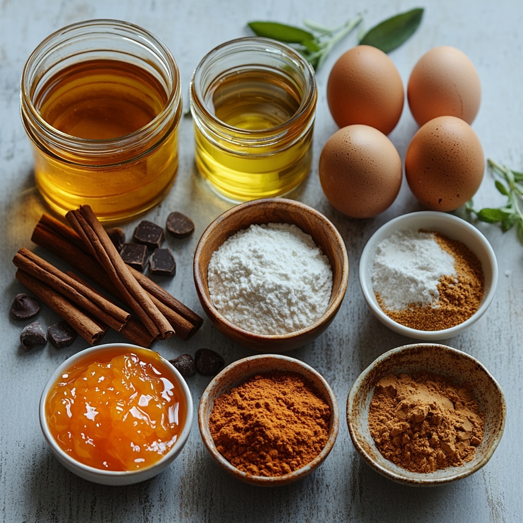 pumpkin puree in an open can with smooth bright orange texture, two large brown eggs with glossy shells, small glass bowls of light brown sugar and granulated white sugar showing fine grain textures, a clear glass container of golden vegetable oil glistening in natural light, a small glass jar of amber vanilla extract with a wooden cork, a ceramic bowl filled with off-white all-purpose flour dusted lightly around the edges, a wooden spoon holding warm brown pumpkin pie spice, cinnamon sticks arranged neatly beside a heap of ground cinnamon powder, small clear glass bowls containing white baking powder, pale beige baking soda, and fine salt crystals, a white ceramic dish filled with glossy dark semisweet chocolate chips, all ingredients carefully spaced on a clean, matte white surface with soft natural daylight casting gentle shadows, styled with rustic linen napkins and a sprig of fresh green herbs for color contrast — overhead shot, top down view, flat lay photography, professional food styling --ar 1:1 --q 2 --s 750 --v 6.1