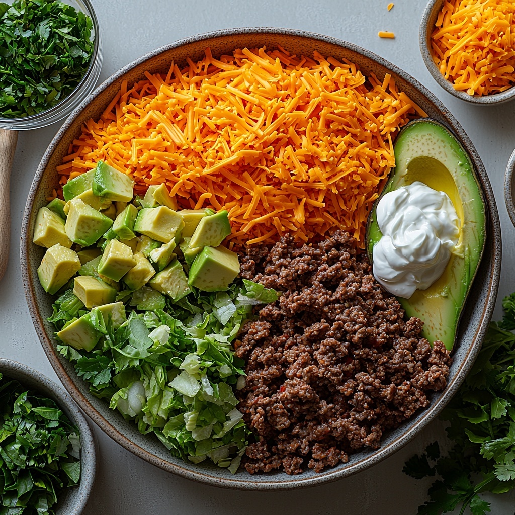 A clean white surface arranged with vibrant, fresh ingredients for keto tacos: a small mound of bright orange shredded cheddar cheese with its fine, delicate strands visible; a portion of richly browned, crumbly cooked ground beef in a rustic small bowl; a small glass bowl of homemade taco seasoning, deep reddish-brown with textured spices; a clear measuring cup holding translucent water droplets; fresh avocado halves showing creamy green flesh with smooth texture; dollops of glossy, silky sour cream in a white ceramic spoon; crisp, curly green lettuce leaves with a vibrant, fresh appearance; scattered extra shredded cheddar cheese beside the main pile for texture contrast. The ingredients are neatly spaced with natural light casting soft shadows, styled with minimal props like neutral linen napkins and light wooden utensils to evoke a warm, approachable kitchen atmosphere. Overhead shot, top down view, flat lay photography, professional food styling --ar 1:1 --q 2 --s 750 --v 6.1