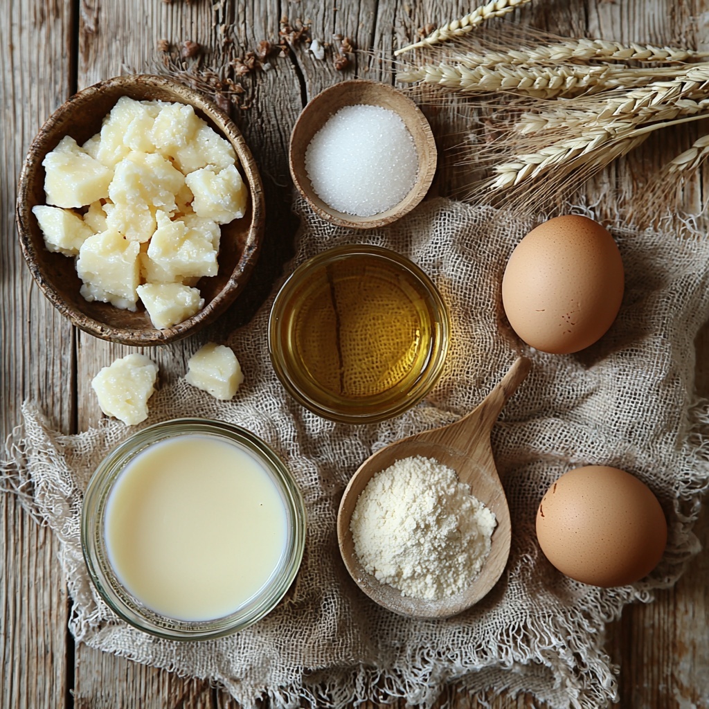 warm milk in a small clear glass measuring cup, creamy white and smooth; a small bowl of pale beige sourdough discard with a slightly bubbly texture; a small glass bowl of translucent golden vegetable oil; a wooden spoon resting on coarse granulated white sugar; a teaspoon with fine white salt crystals; a single large brown egg with a smooth shell; a large mound of spooned and leveled all-purpose flour, bright white and powdery, spread softly on parchment paper; all arranged neatly on a clean light wooden surface with natural soft daylight casting gentle shadows, minimalist styling with rustic linen napkin and a sprig of fresh wheat for texture contrast, overhead shot, top down view, flat lay photography, professional food styling --ar 1:1 --q 2 --s 750 --v 6.1