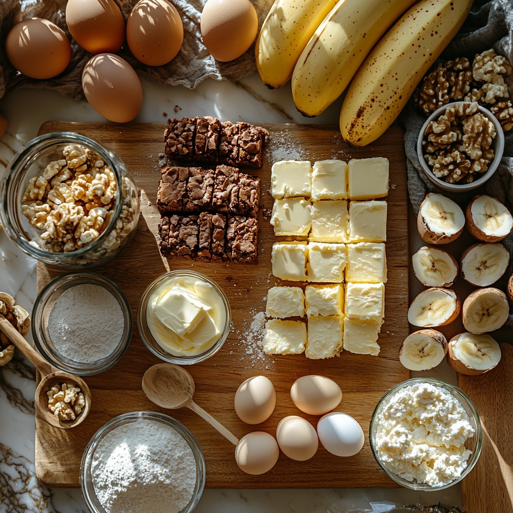 A clean, bright surface with all main ingredients for banana bread brownies artfully arranged in a neat flat lay composition: a small bowl of golden brown sugar crystals, a smooth dollop of creamy white sour cream in a glass bowl, a slab of soft, pale yellow unsalted butter on a wooden butter knife, two fresh brown-speckled eggs in their shells, three ripe bananas with vibrant yellow skin and brown spots, a small glass jar of rich vanilla extract, a small heap of fine white all-purpose flour, a rustic teaspoon with fine baking soda powder, a pinch of coarse sea salt in a tiny ceramic spoon, and a scattering of roughly chopped walnuts showcasing warm brown tones and textured surfaces. The ingredients are spaced evenly with natural daylight highlighting their varied textures and colors, crisp shadows adding depth, placed on a light wooden or marble surface with minimal props — clean, fresh, inviting styling with a focus on natural tones and textures. Overhead shot, top down view, flat lay photography, professional food styling --ar 1:1 --q 2 --s 750 --v 6.1